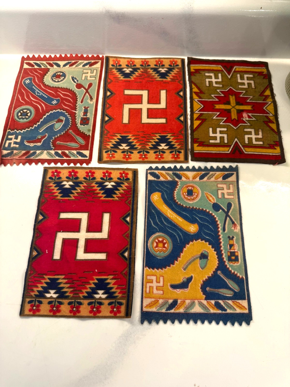 Antique 1910's Tobacco Felts Lot of 5 Native American Rug Design Whirling Log