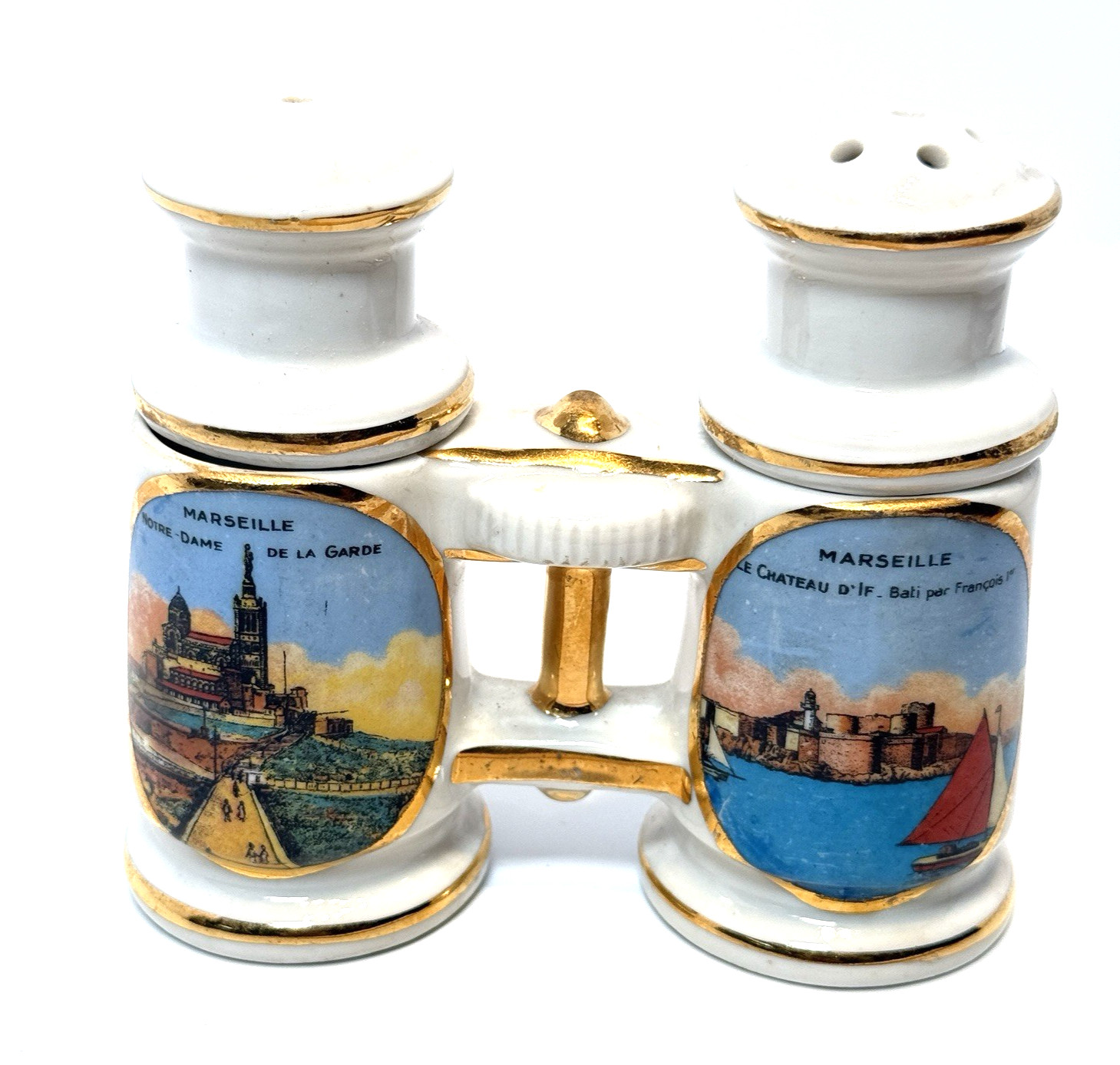 Antique Binoculars MARSEILLE FRANCE Souvenir Gold Salt and Pepper Shakers Antique Binoculars MARSEILLE FRANCE Souvenir Gold Salt and Pepper Shakers