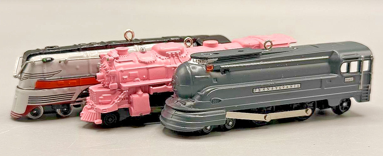 Lot 3 Hallmark Train Ornaments Pennsylvania Torpedo Pink & Silver Locomotives
