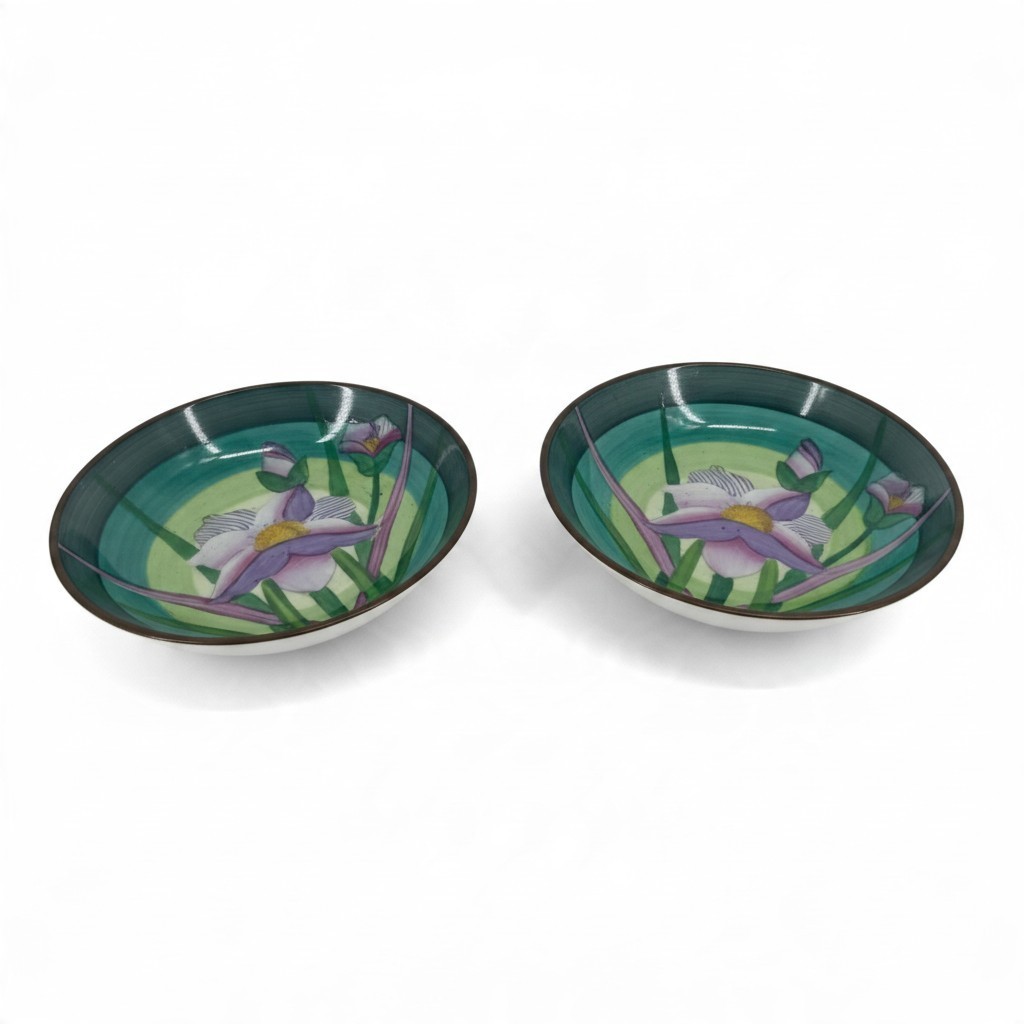 Vintage Hand Painted Porcelain Purple Iris Wall Plates Brass Rim Set of 2 Vintage Hand Painted Porcelain Purple Iris Wall Plates Brass Rim Set of 2