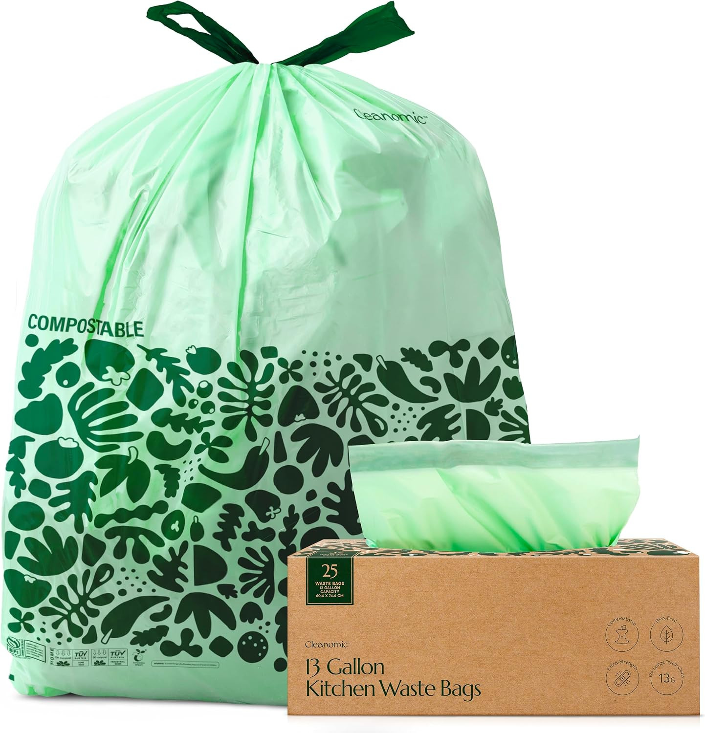 Cleanomic Compostable* Trash Bags with Drawstring (13 Gallon, 25 Units, Tall)...