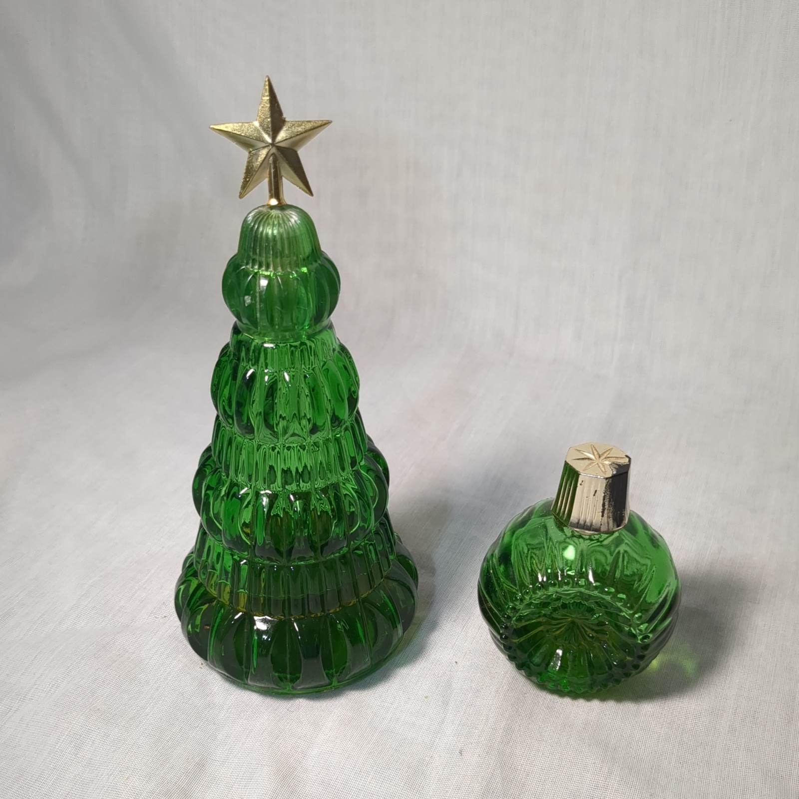 Vintage Green Glass Avon Bottles. Christmas Tree and 1 ornament Shape Vintage Green Glass Avon Bottles. Christmas Tree and 1 ornament Shape
