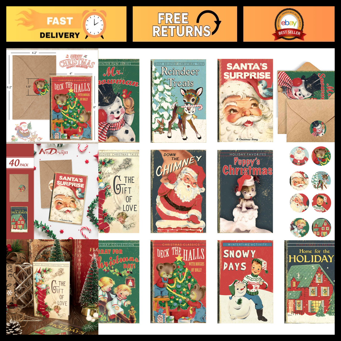 40 Pack Vintage Christmas Greeting Cards with Envelopes & Stickers - 10 Designs, 40 Pack Vintage Christmas Greeting Cards with Envelopes & Stickers - 10 Designs,