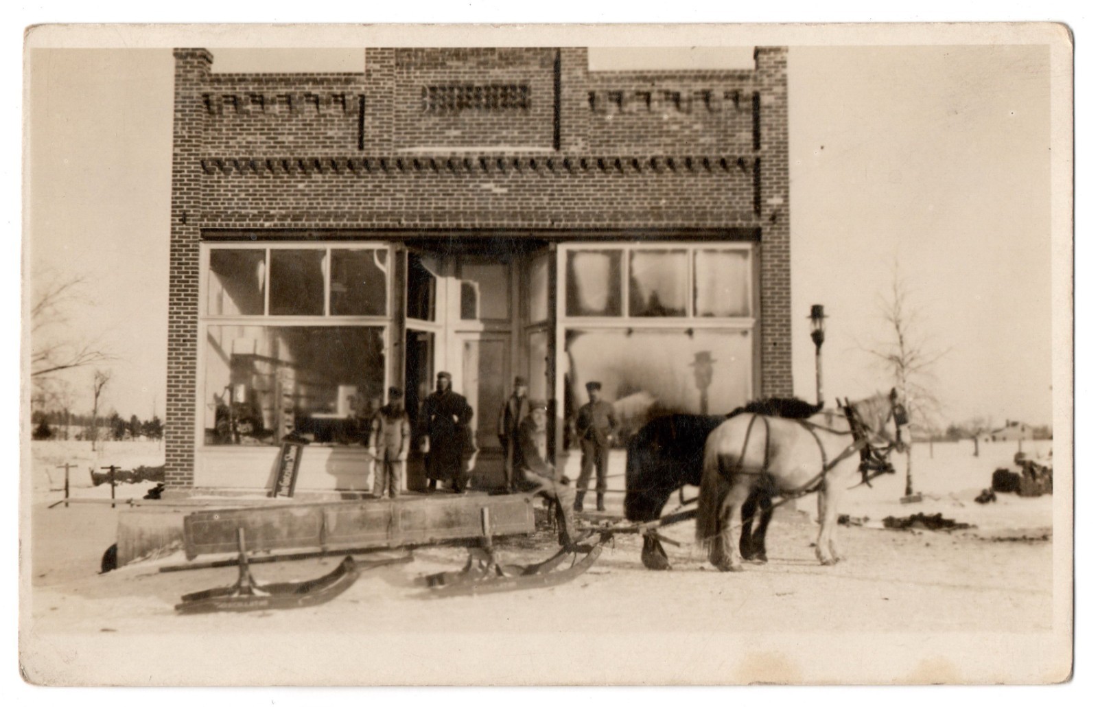 Vintage RPPC Winter Scene Horse Drawn Sleigh Brick Storefront Postcard Vintage RPPC Winter Scene Horse Drawn Sleigh Brick Storefront Postcard