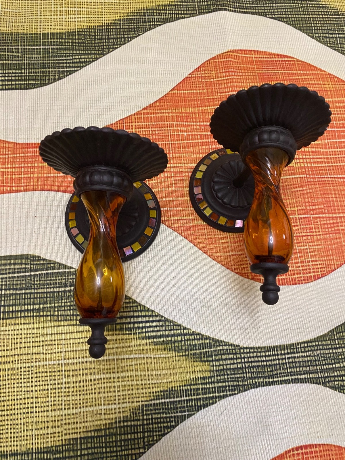 pair of  beautiful vintage amber and mosaic wall sconce candle holders