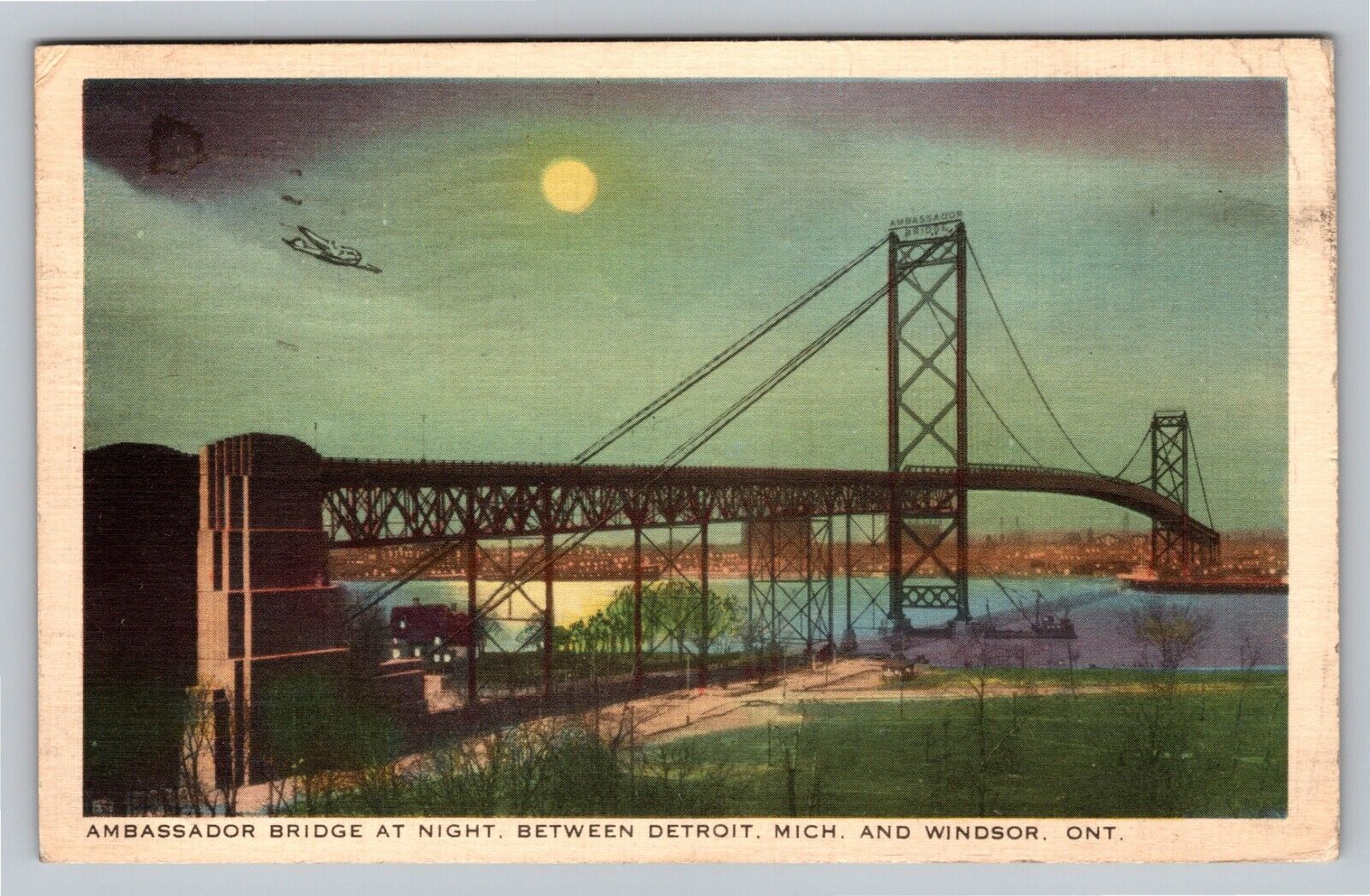 Detroit Michigan Ambassador Bridge At Night Airplane Vintage c1940 Postcard