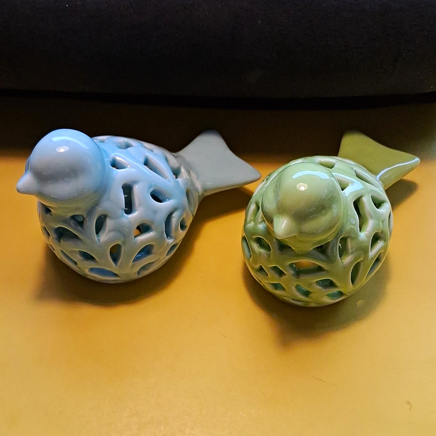 Set of 2 Glazed Openwork Ceramic Bird Figurines Blue Green 5.5in 3D Effect Set of 2 Glazed Openwork Ceramic Bird Figurines Blue Green 5.5in 3D Effect