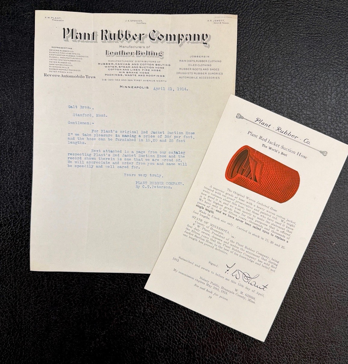 1914 Plant Rubber Company Letter & Catalog Leaflet Minneapolis Red Jacket Hose