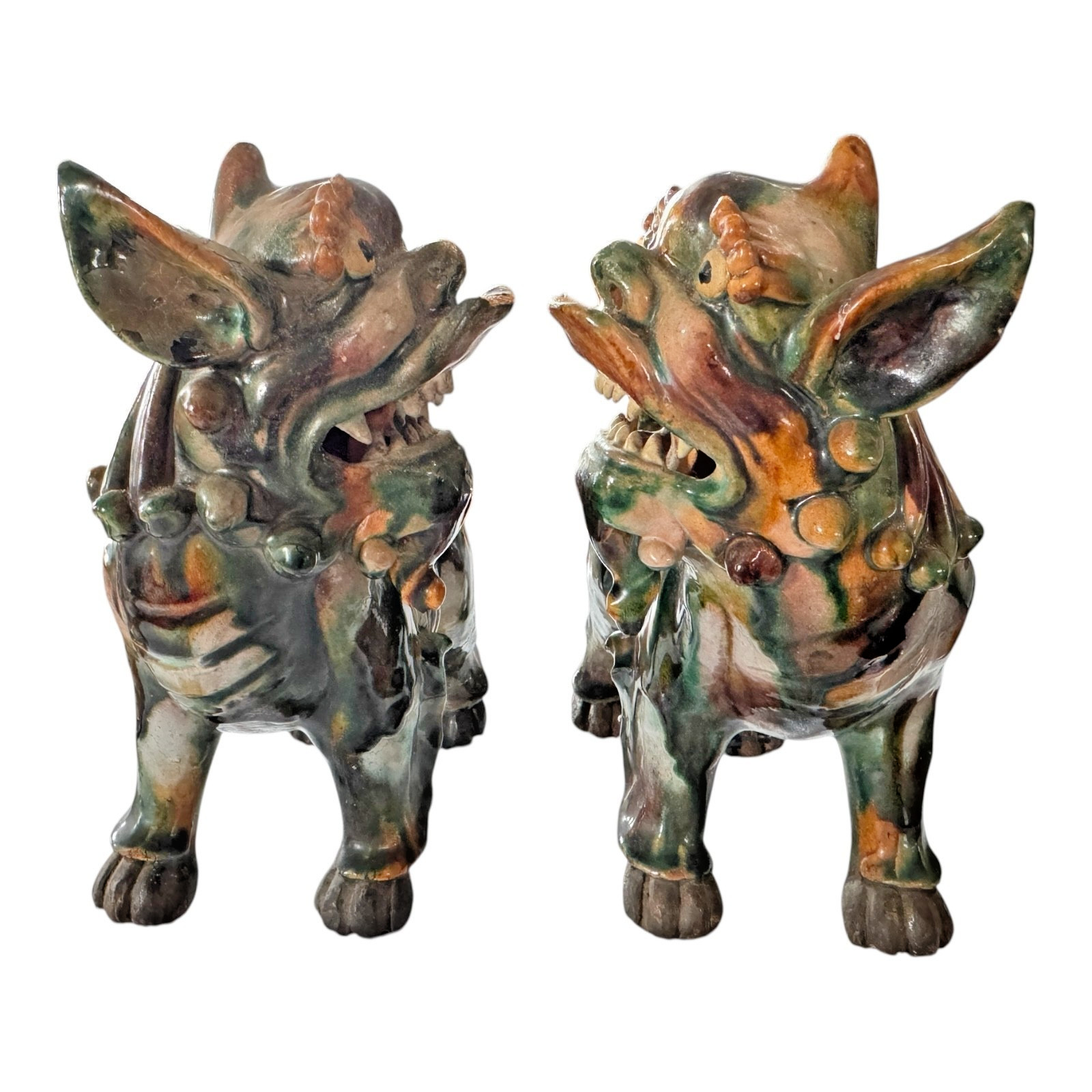Antique Early Chinese Sancai Glazed Porcelain Foo Dog Lion Statues - Pair of 2 Antique Early Chinese Sancai Glazed Porcelain Foo Dog Lion Statues - Pair of 2