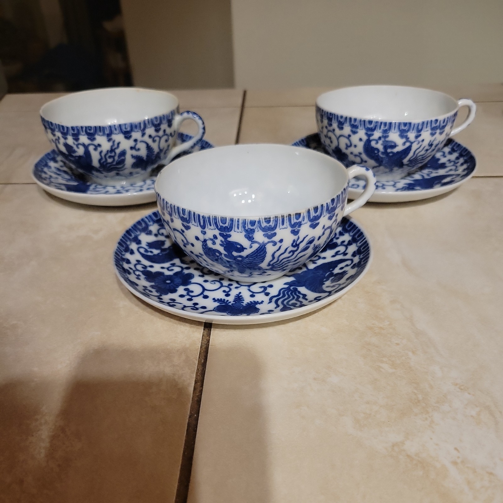 Set of 3 Vintage Blue & White Phoenix Tea Cups & Saucers Made in Japan Set of 3 Vintage Blue & White Phoenix Tea Cups & Saucers Made in Japan