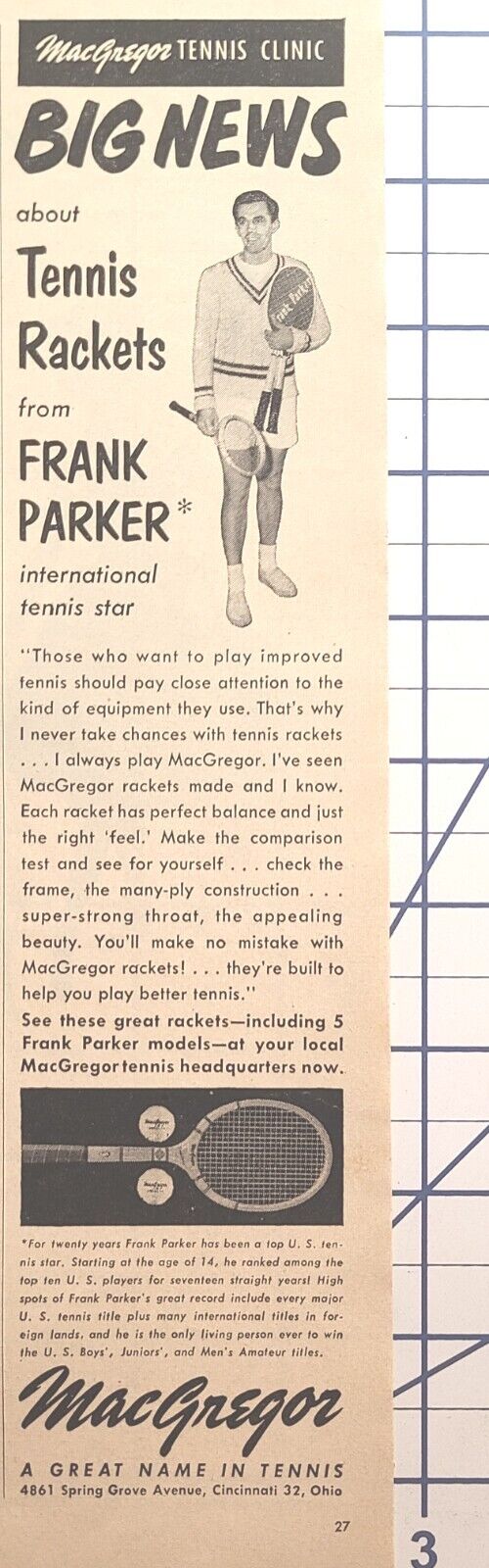 MacGregor Tennis Rackets Frank Parker Star 5 Models Clinic Vintage Print Ad 1952