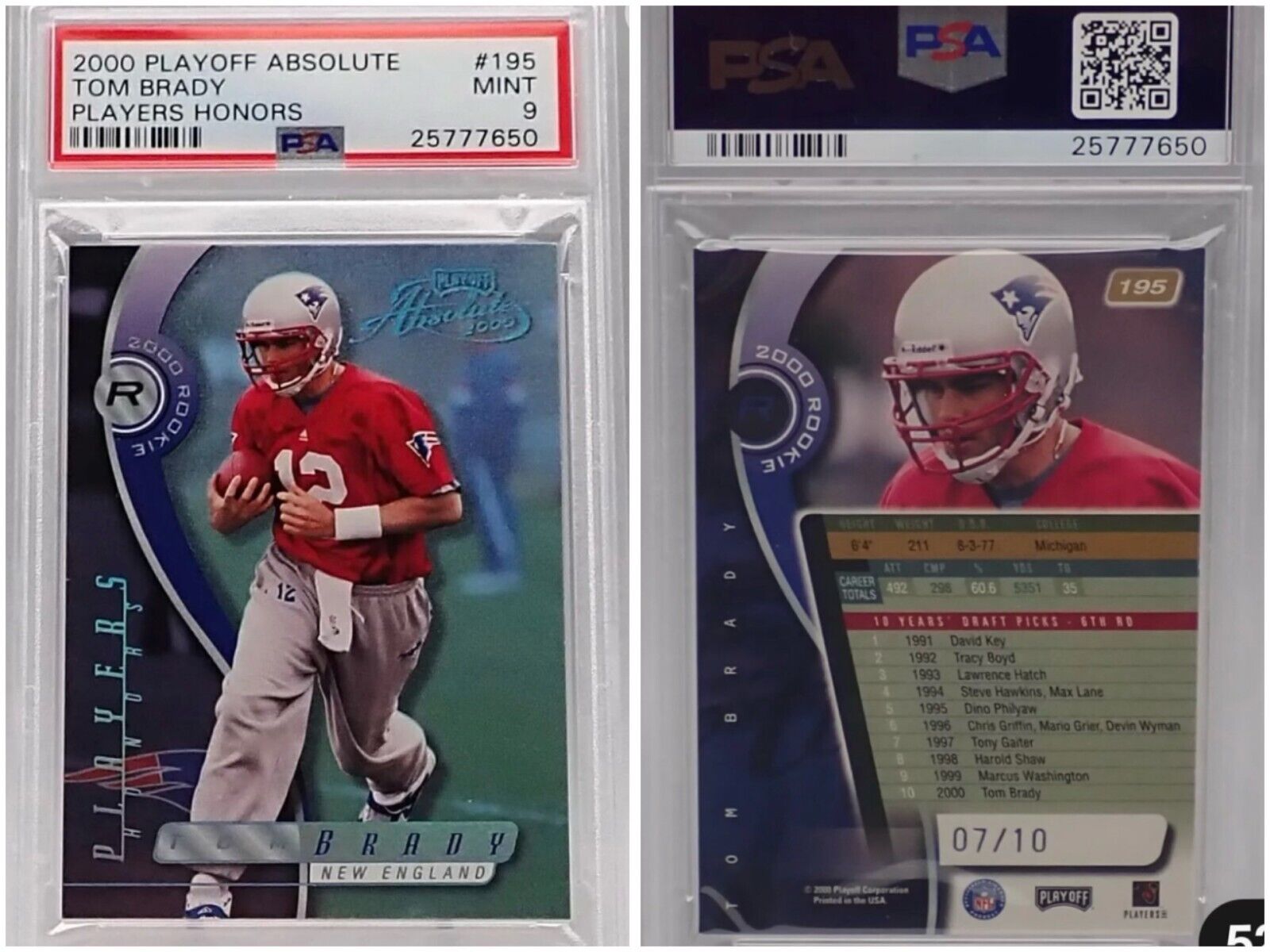 🔥/10🔥POP 1🔥2000 TOM BRADY ROOKIE PLAYOFF🔥PLAYERS HONORS HIGH END🔥PSA 9+