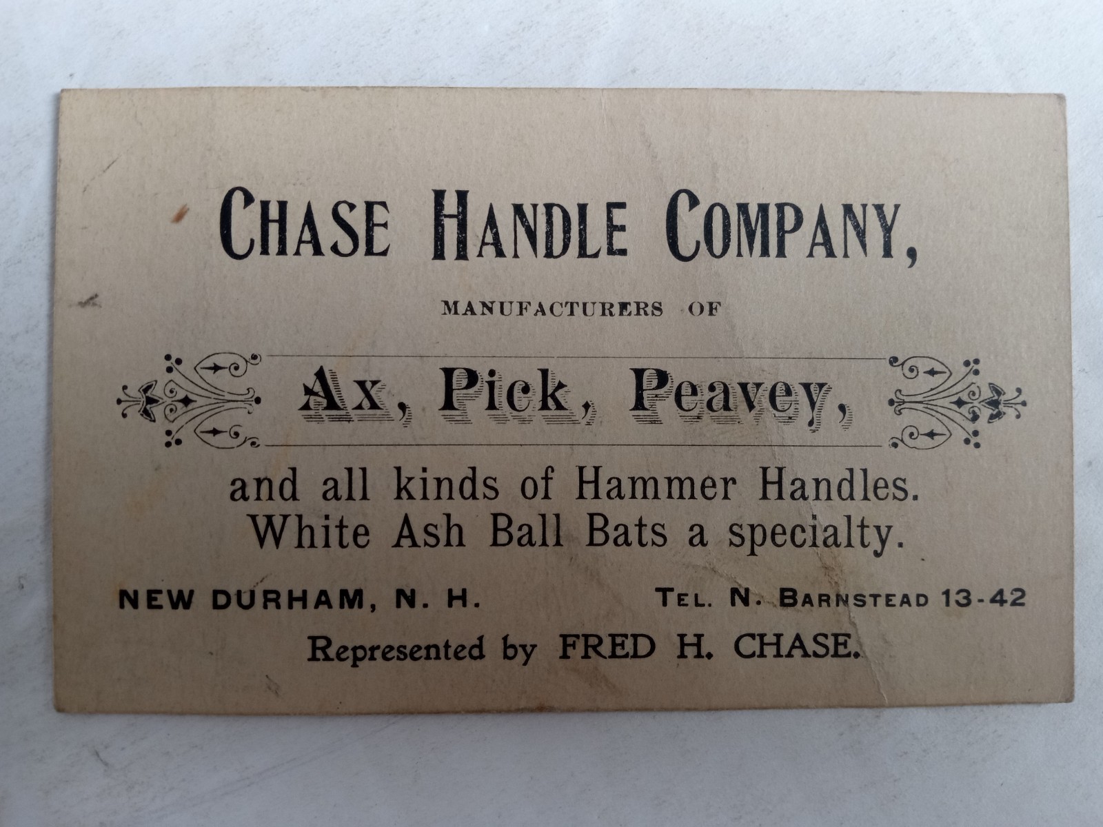 1800s CHASE HANDLE Co. New Durham NH Business Ad Card Ax Pick Baseball Bats 1800s CHASE HANDLE Co. New Durham NH Business Ad Card Ax Pick Baseball Bats