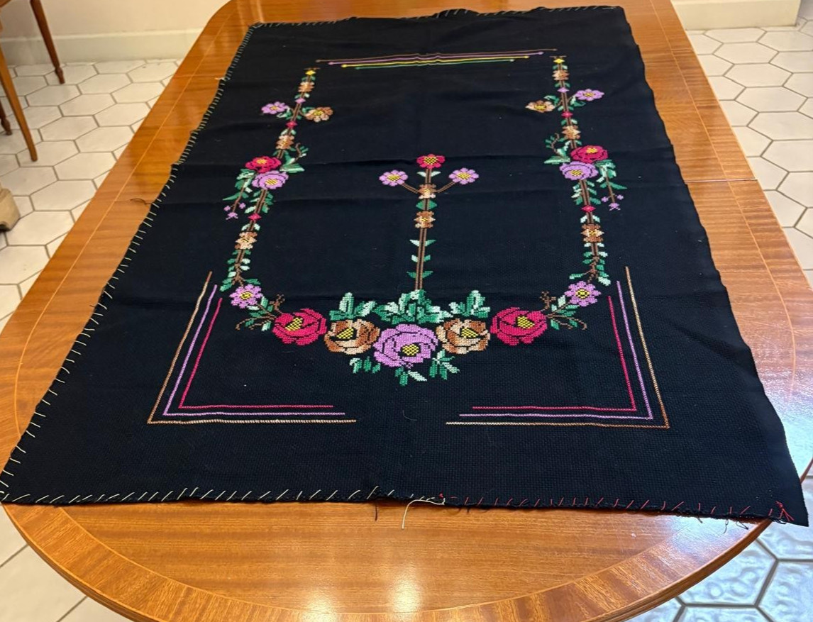 Vintage Handmade Cross stich floral design table cloth/ wall panel 50\'\' by 28\'\' Vintage Handmade Cross stich floral design table cloth/ wall panel 50\'\' by 28\'\'