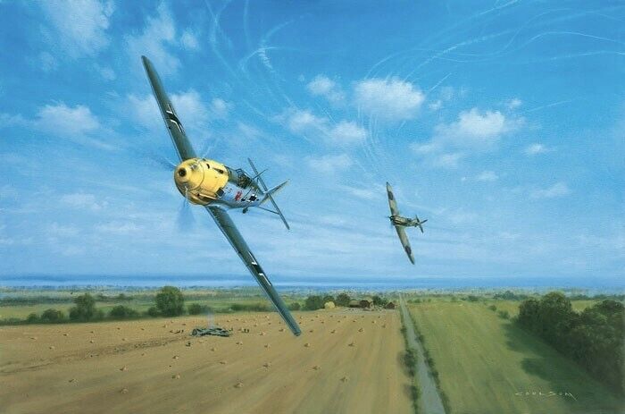 LOW LEVEL ENCOUNTER by Gerald Coulson signed by FOUR Luftwaffe & RAF Aces