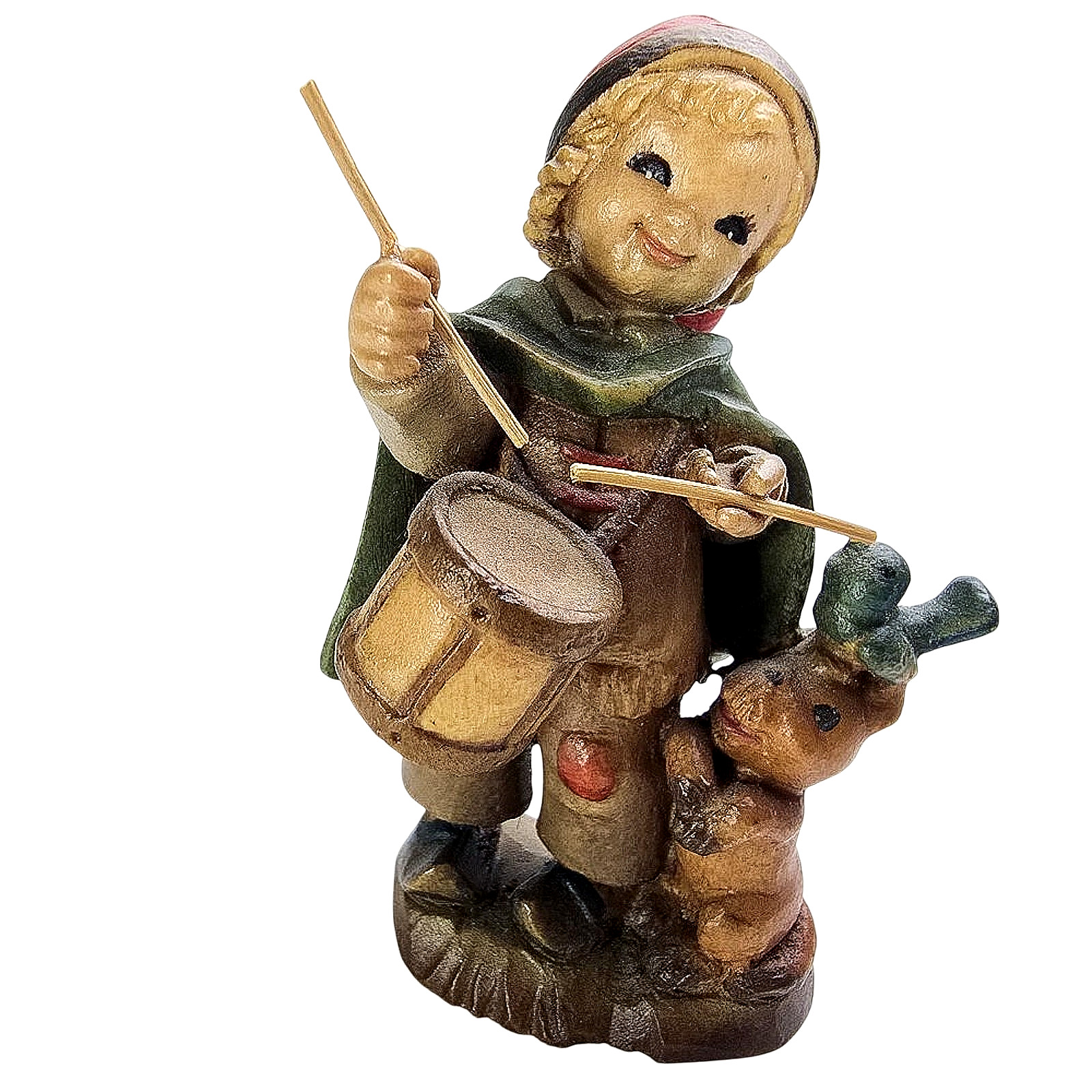ANRI Child Drum Rabbit Figurine Wood Carving Hand Painted Italy 1978 Vintage