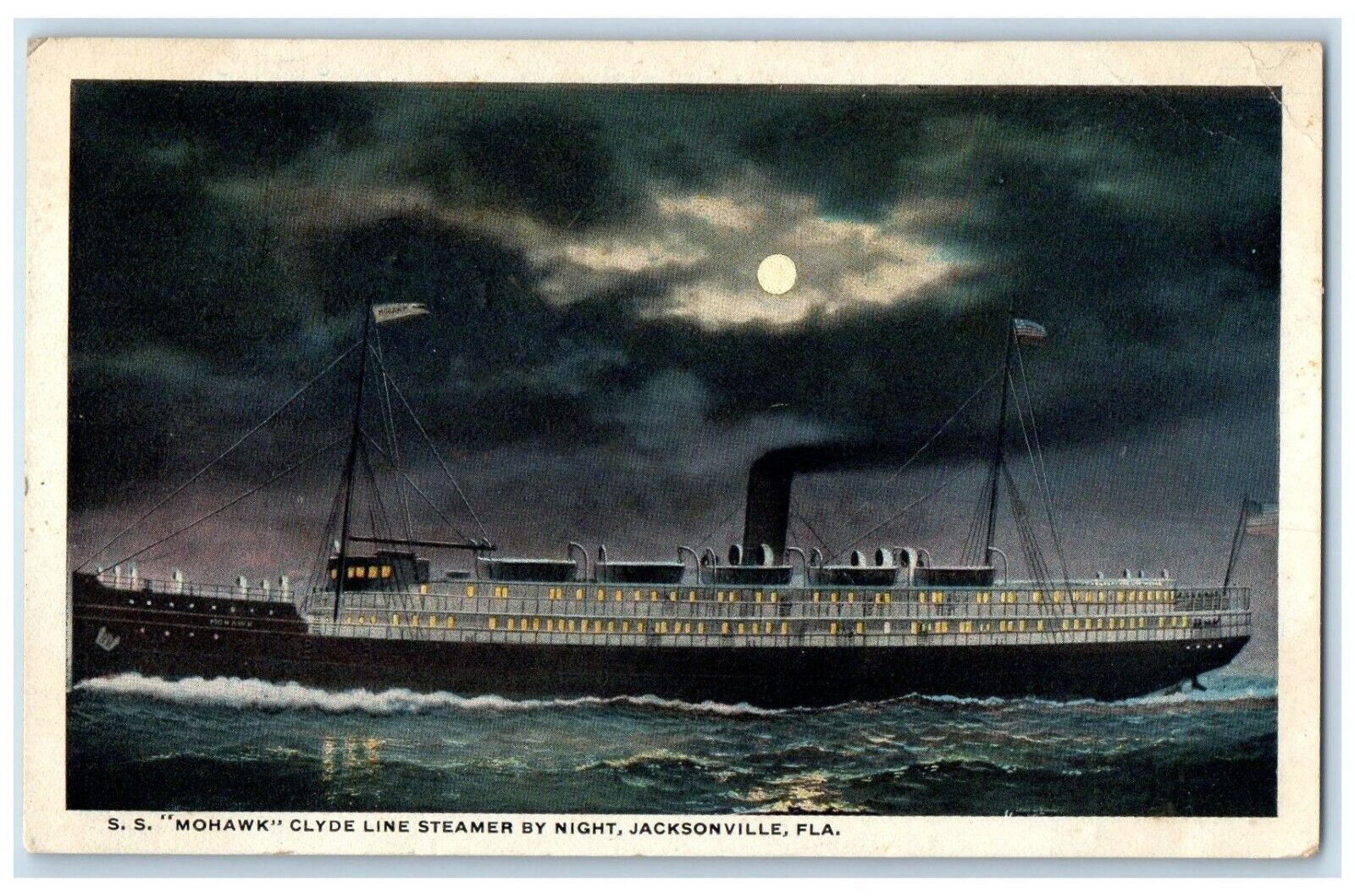 c1917 Moonlight SS Mohawk Clyde Line Steamer Night Jacksonville Florida Postcard