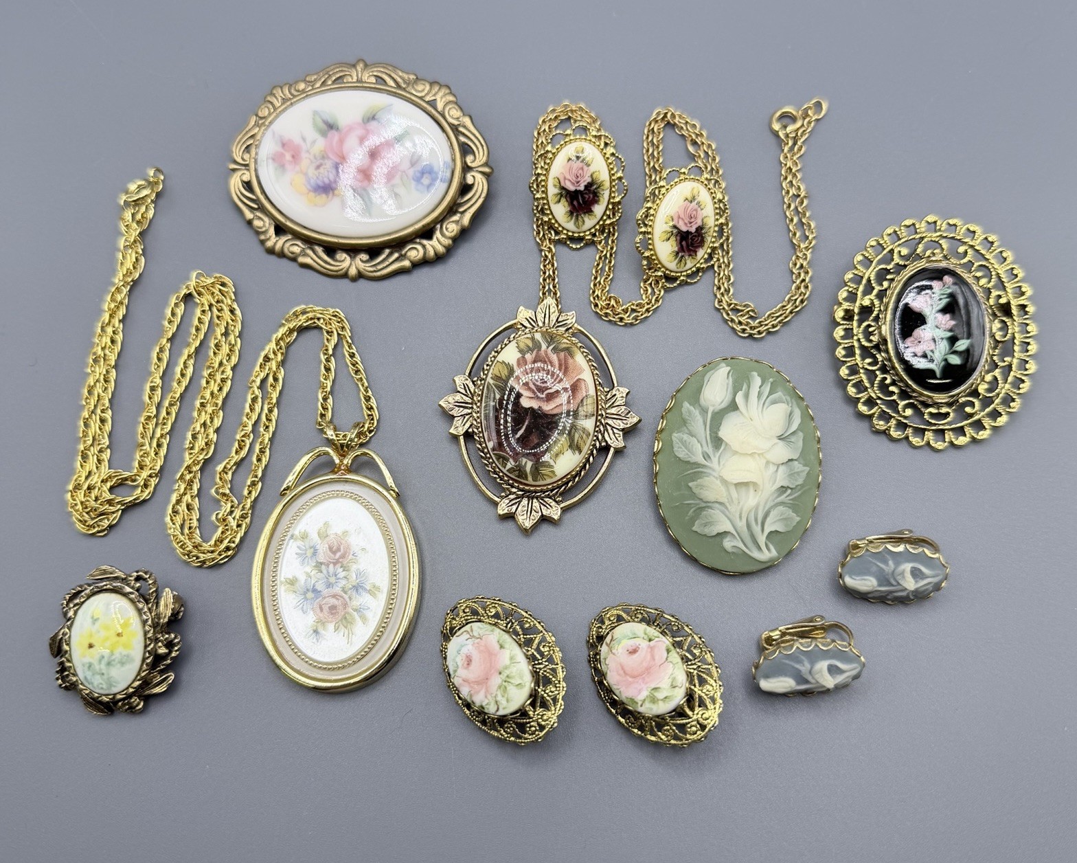 Vintage Faux Flower Cameo Jewelry Lot Necklaces Earrings Brooches Multi Color Vintage Faux Flower Cameo Jewelry Lot Necklaces Earrings Brooches Multi Color