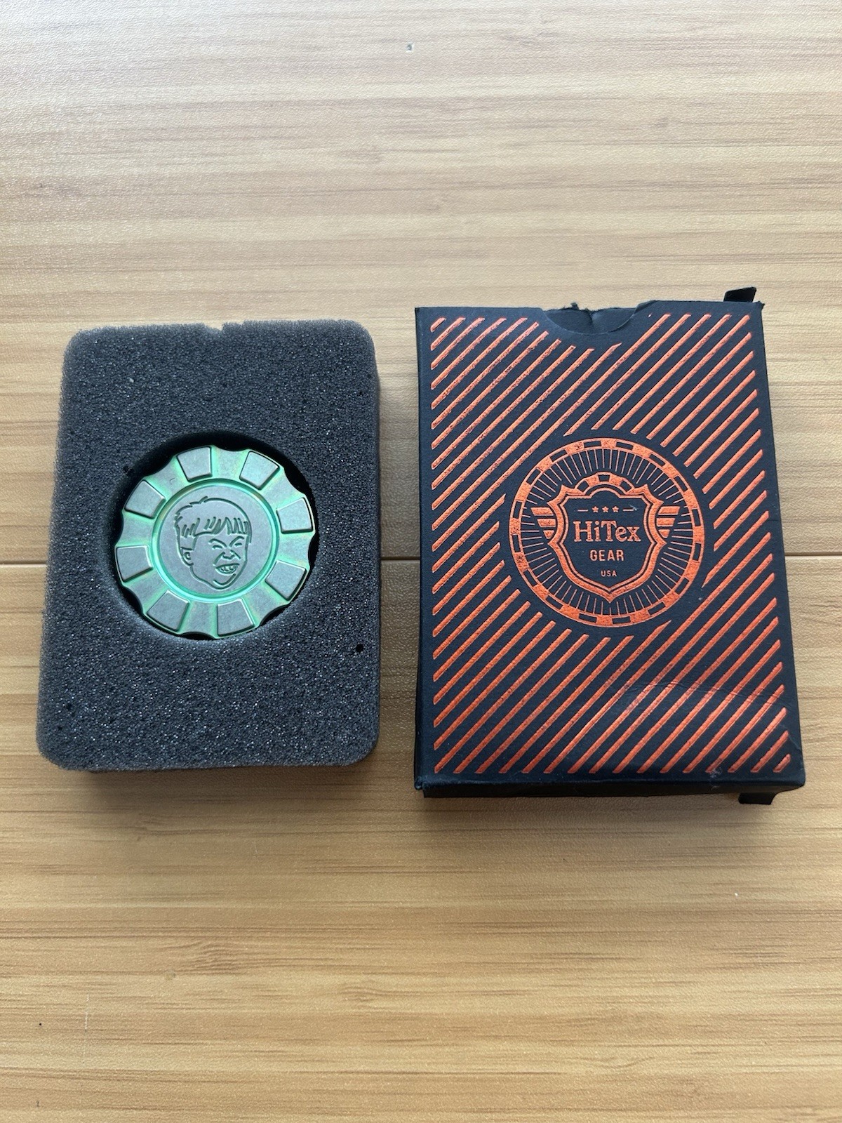 HiTex Gear Sour Puss Meme Green Anodized Titanium Chip RARE HiTex Gear Sour Puss Meme Green Anodized Titanium Chip RARE
