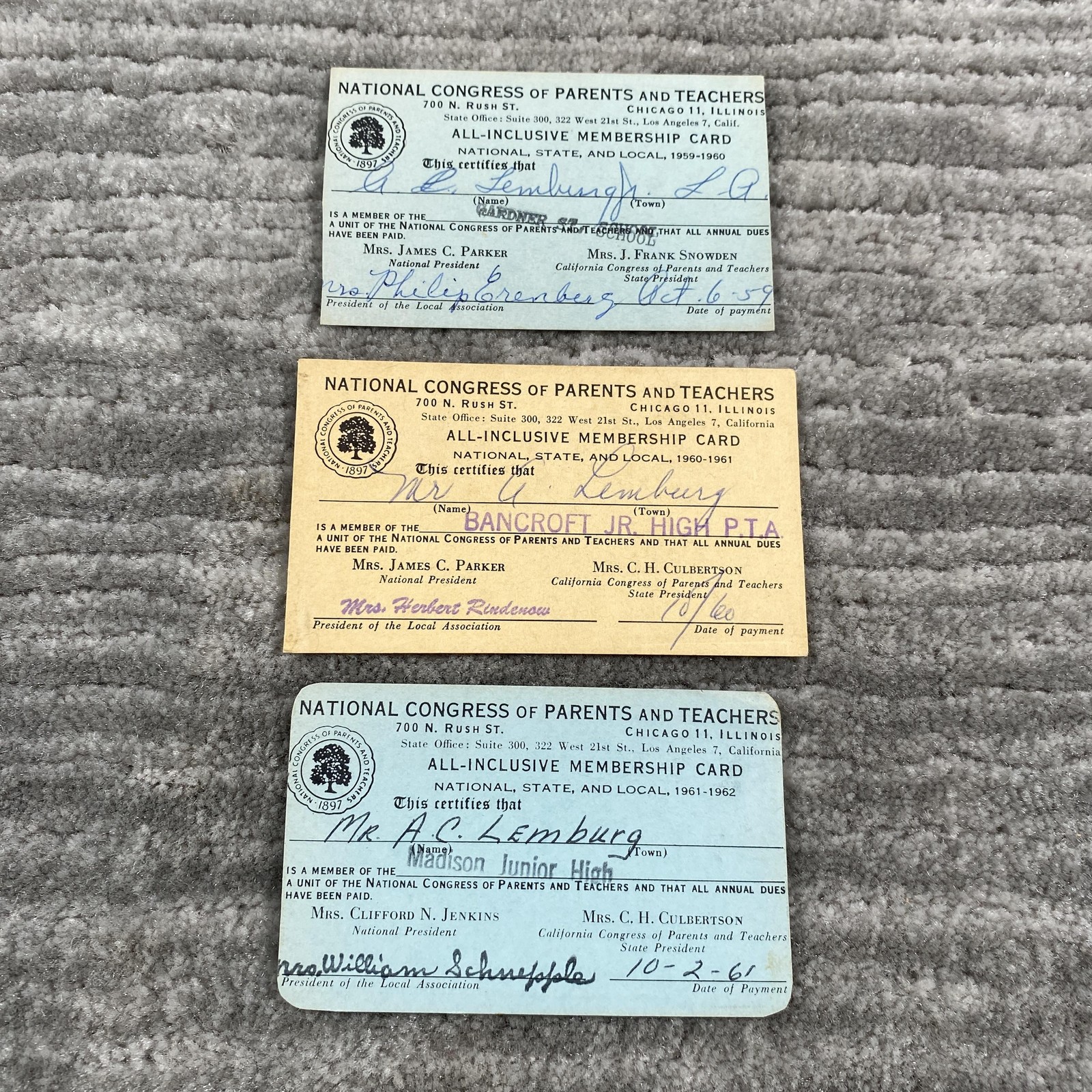 Vintage 1959-62 National PTA Membership Cards Lot Of 3 Parents Teachers Ephemera Vintage 1959-62 National PTA Membership Cards Lot Of 3 Parents Teachers Ephemera