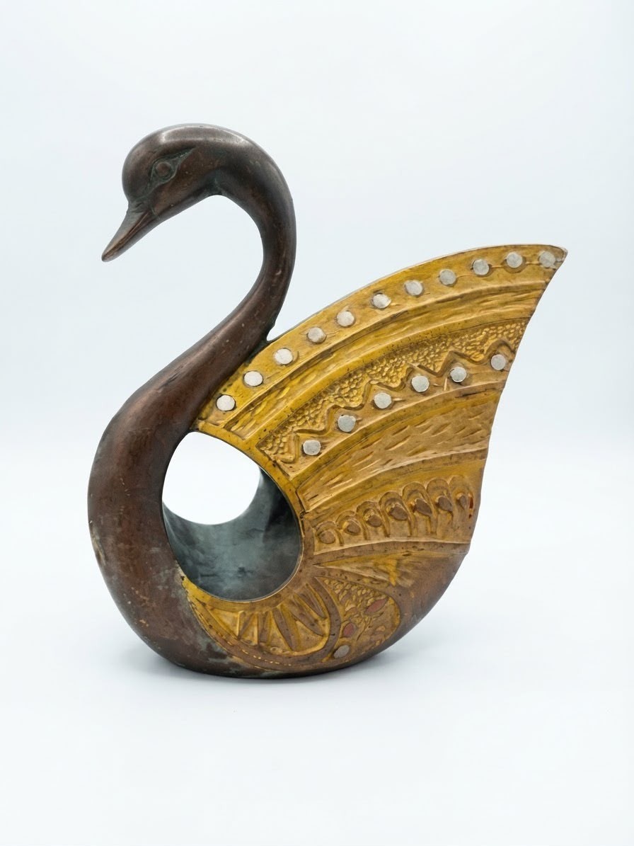 Vintage Handcrafted Wooden & Brass Swan Figurine, Carved Inlaid Table Decor Scul Vintage Handcrafted Wooden & Brass Swan Figurine, Carved Inlaid Table Decor Scul