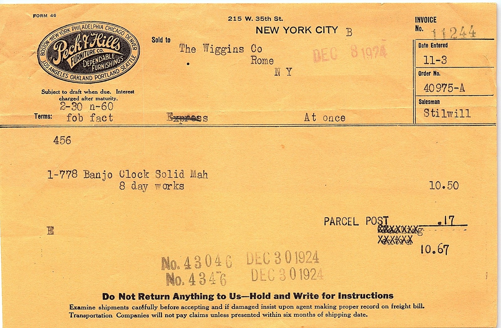 1924 Peck & Hills Furniture Co. NYC Invoice - Banjo Clock