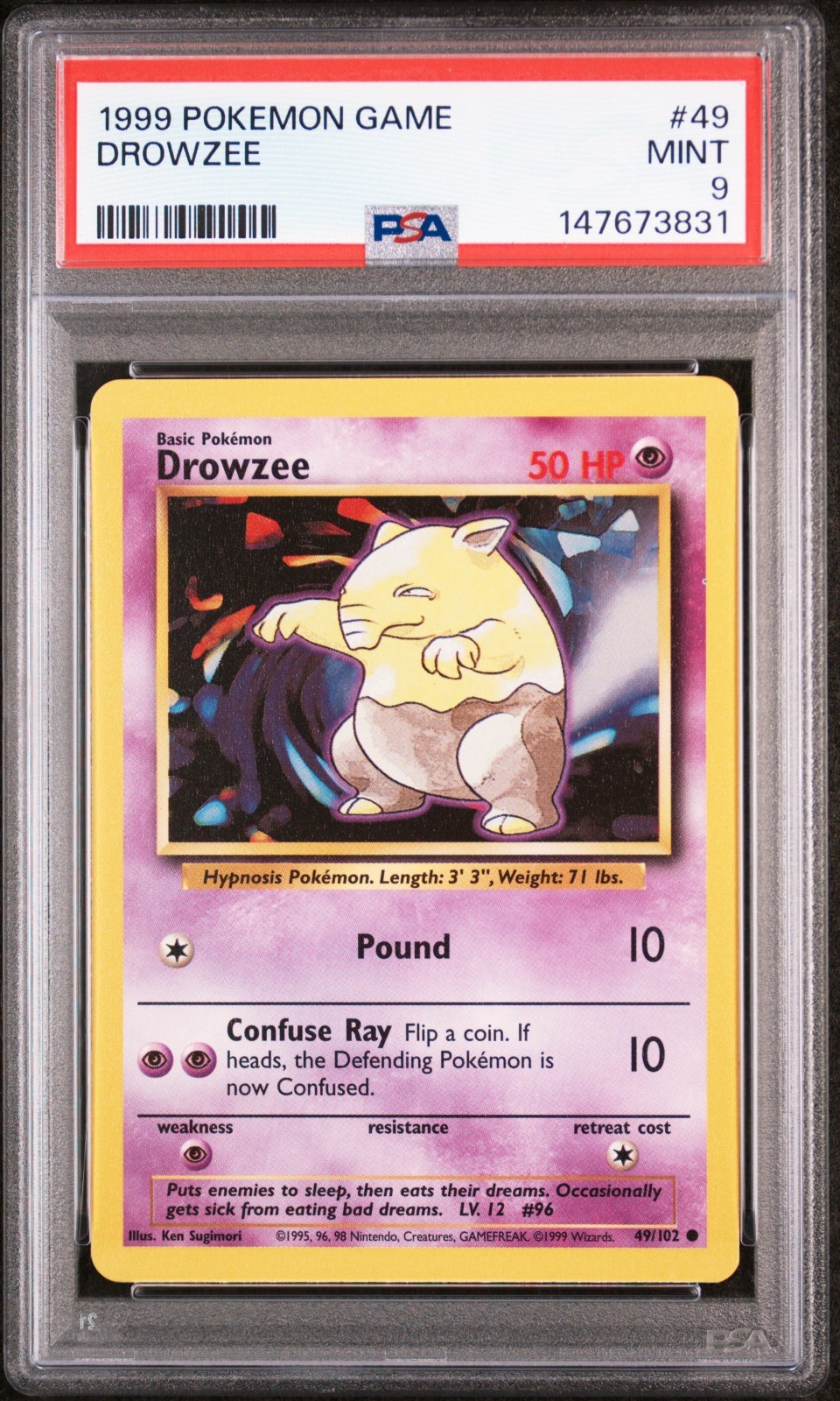 PSA 9 MINT 1999 POKEMON GAME #49 DROWZEE UNLIMITED ENGLISH PSA 9 MINT 1999 POKEMON GAME #49 DROWZEE UNLIMITED ENGLISH