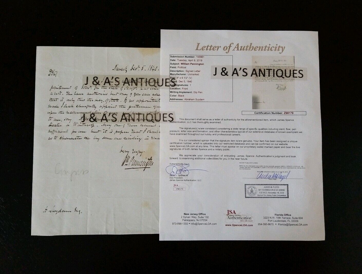 Authenticated 1840 NJ Gov WILLIAM PENNINGTON Autograhed Letter To Abraham Suydam