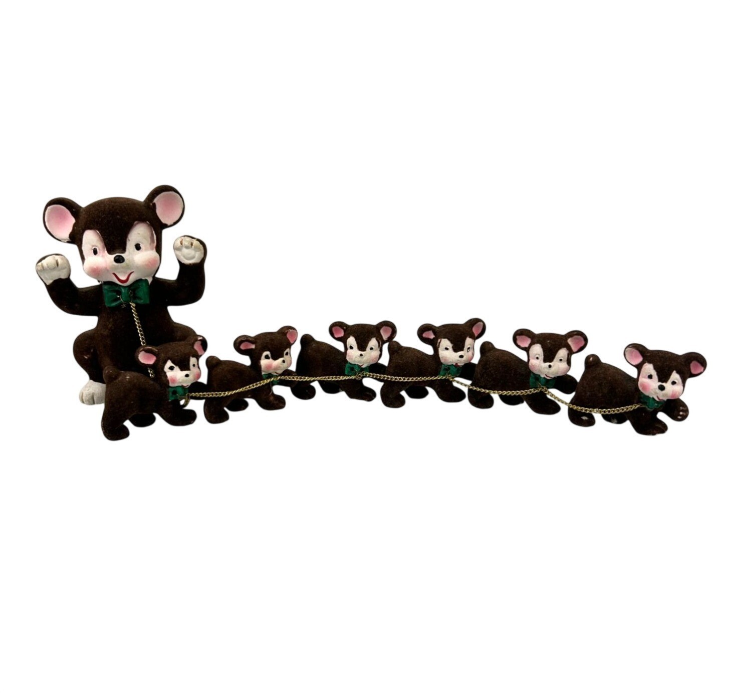 Rare Vintage 1950s Kitsch Flocked Bear Family Brown 6 Cubs on Chain Bow Tie Rare Vintage 1950s Kitsch Flocked Bear Family Brown 6 Cubs on Chain Bow Tie