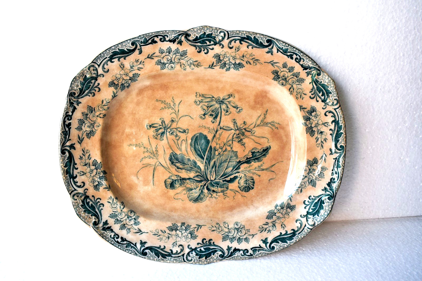 Antique J Ridgway Cowslip Green Transferware Oval Platter 10 Victorian Floral 