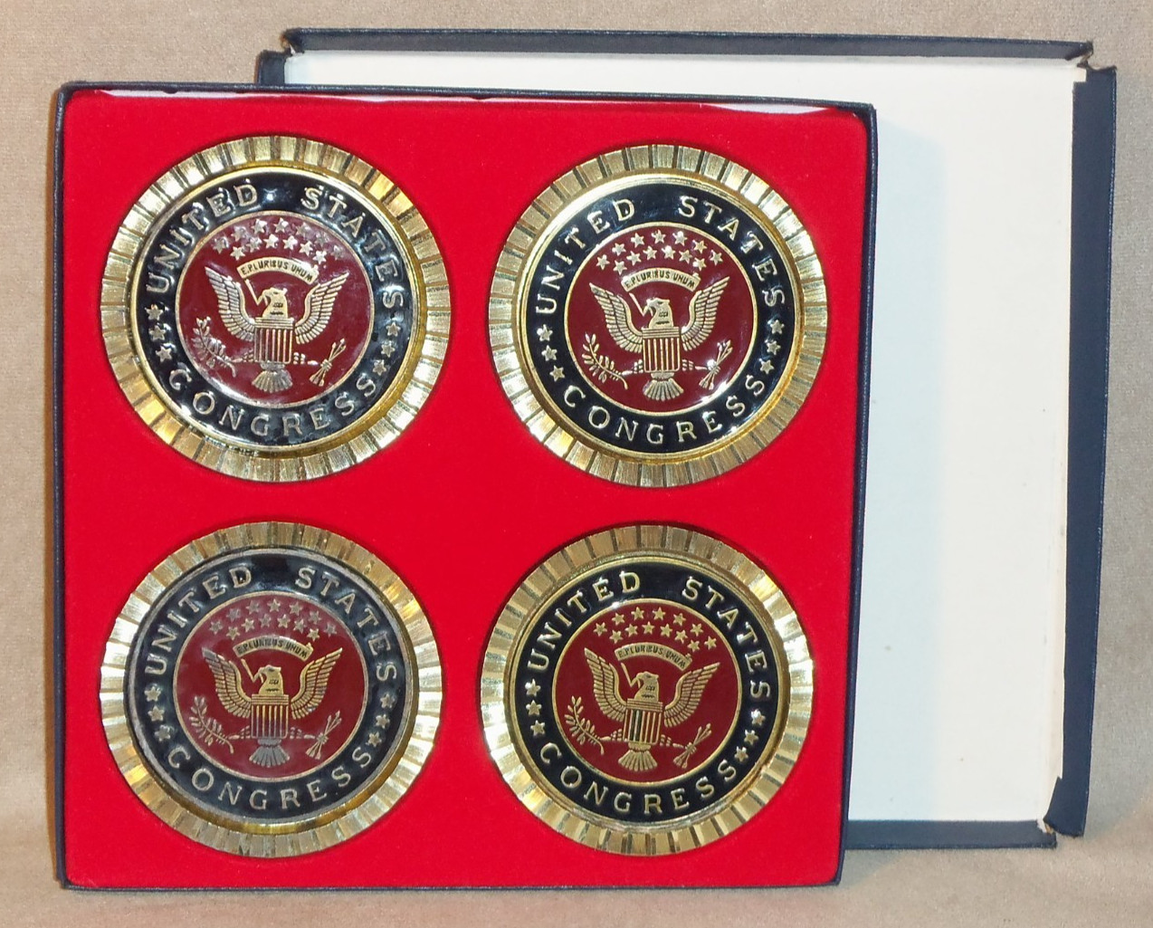 Vintage 1978 United States Congress Coasters Set of 4 w Box Heavy Brass w Enamel Vintage 1978 United States Congress Coasters Set of 4 w Box Heavy Brass w Enamel