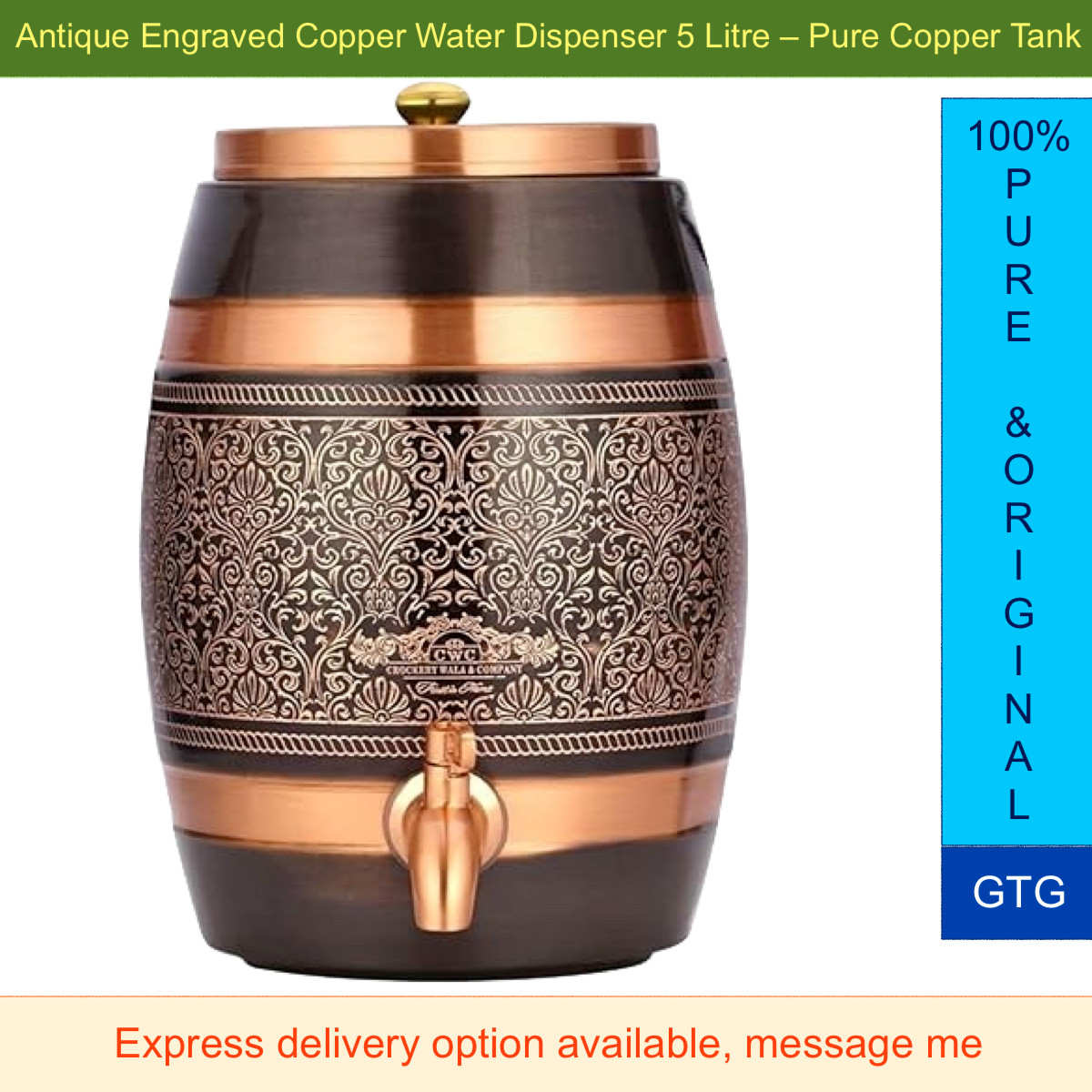 Pure Copper Water Dispenser Pot 5 Lt Countertop, Antique Engraved Barrel