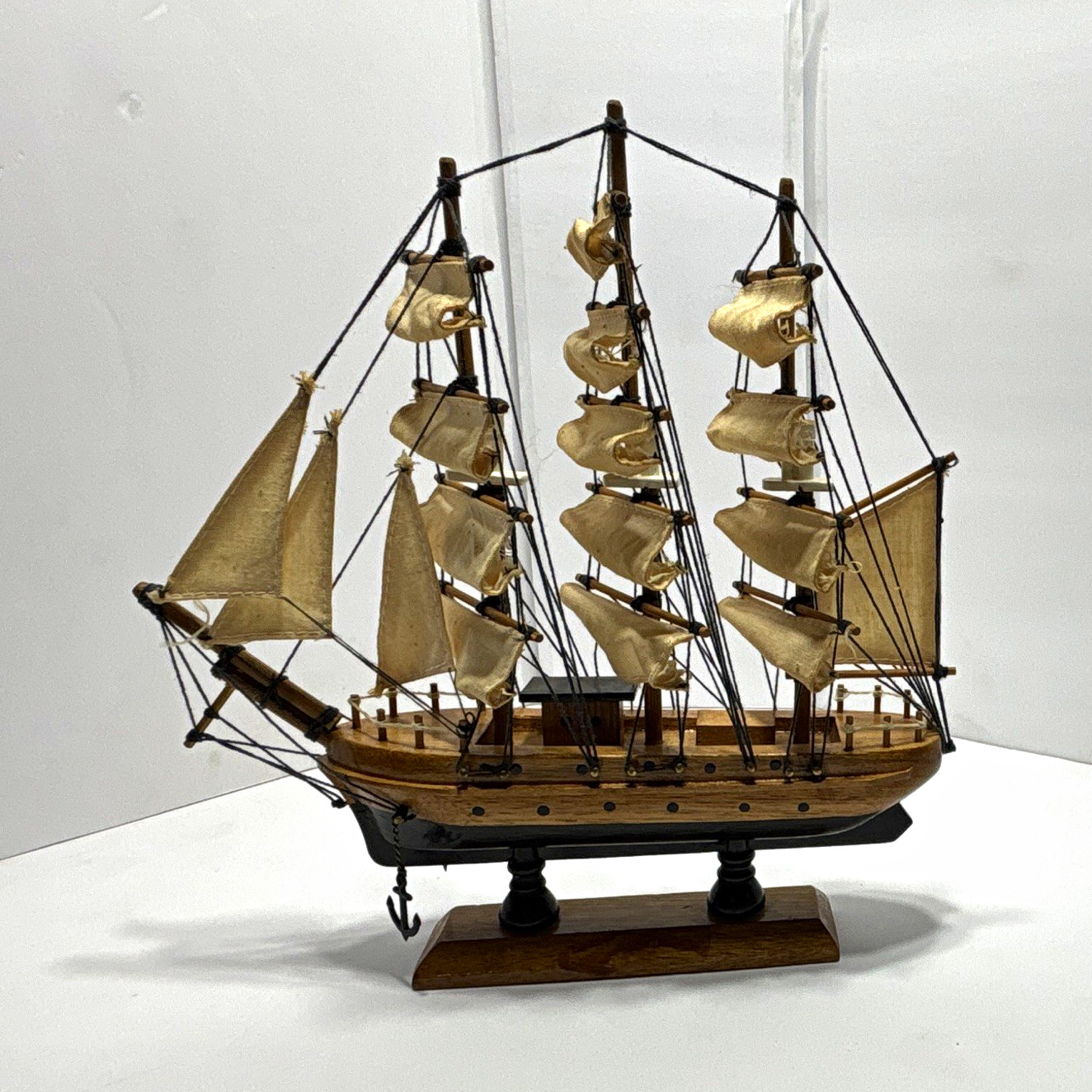 Wooden Model Tall Sailing Ship with Fabric Sails & Stand, Approx. 9 in Wooden Model Tall Sailing Ship with Fabric Sails & Stand, Approx. 9 in