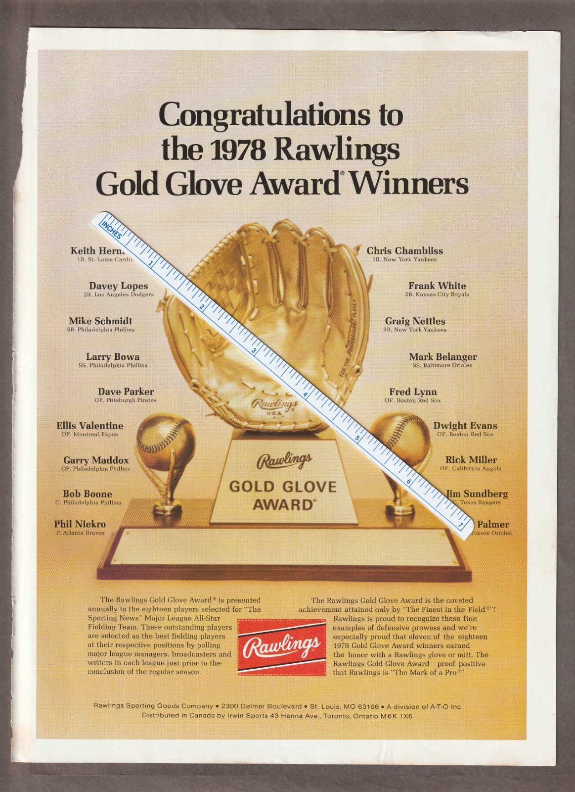 1979 Rawlings GOLD GLOVE AWARDS Magazine AD~Mike SCHMIDT/Larry BOWA/Garry MADDOX 1979 Rawlings GOLD GLOVE AWARDS Magazine AD~Mike SCHMIDT/Larry BOWA/Garry MADDOX