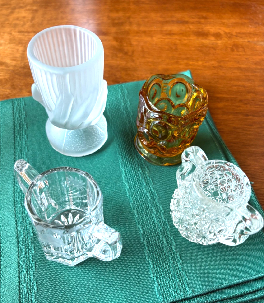 Vintage Glass Toothpick Holders. Lot of 4 Smoke, Clear, Amber, Pressed Glass Vintage Glass Toothpick Holders. Lot of 4 Smoke, Clear, Amber, Pressed Glass