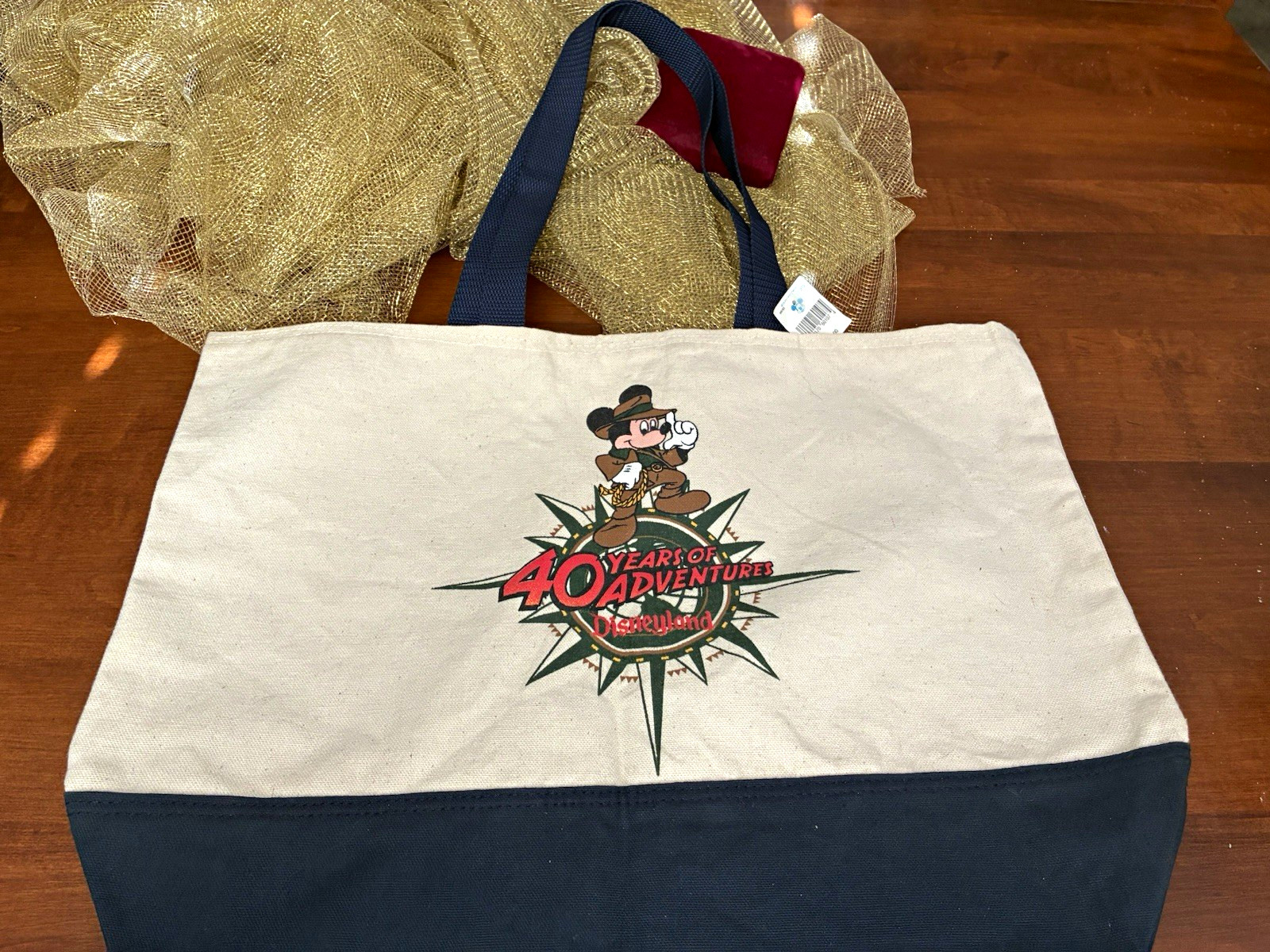 Disneyland Mickey Mouse 40 Years of Adventures Large Canvas Tote Bag Blue/Beige
