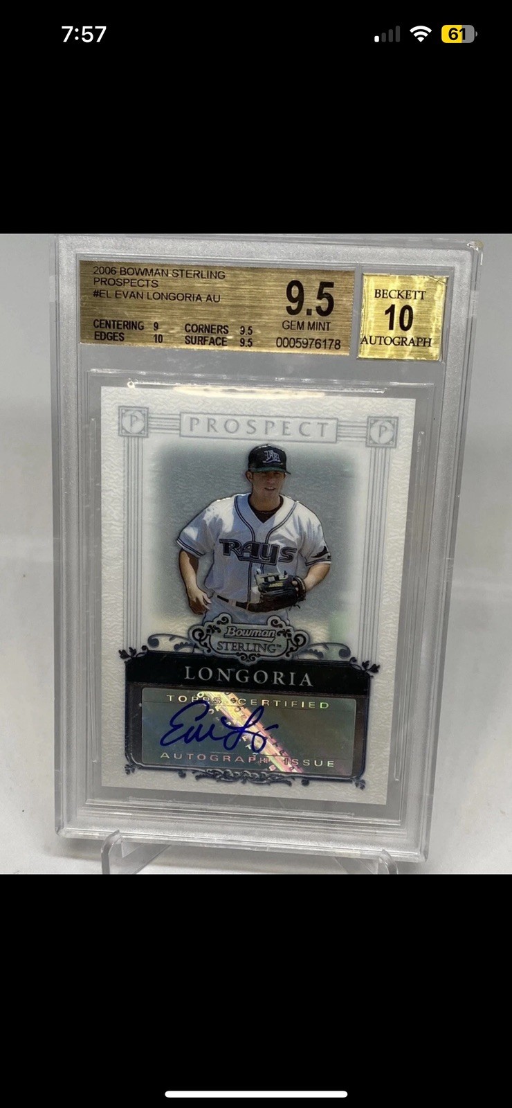 2006 Bowman Sterling EVAN LONGORIA RC ROOKIE Auto Autograph BGS 9.5/10 GEM MT 2006 Bowman Sterling EVAN LONGORIA RC ROOKIE Auto Autograph BGS 9.5/10 GEM MT