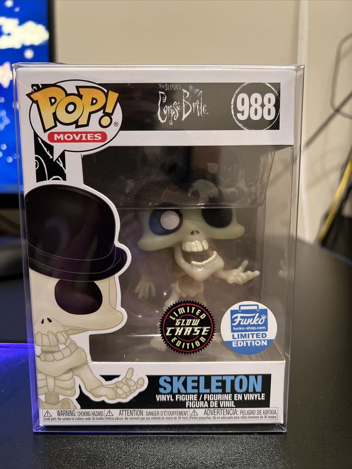 Corpse Bride Skeleton Chase #988 Funko Shop Exclusive GITD with Pop Protector