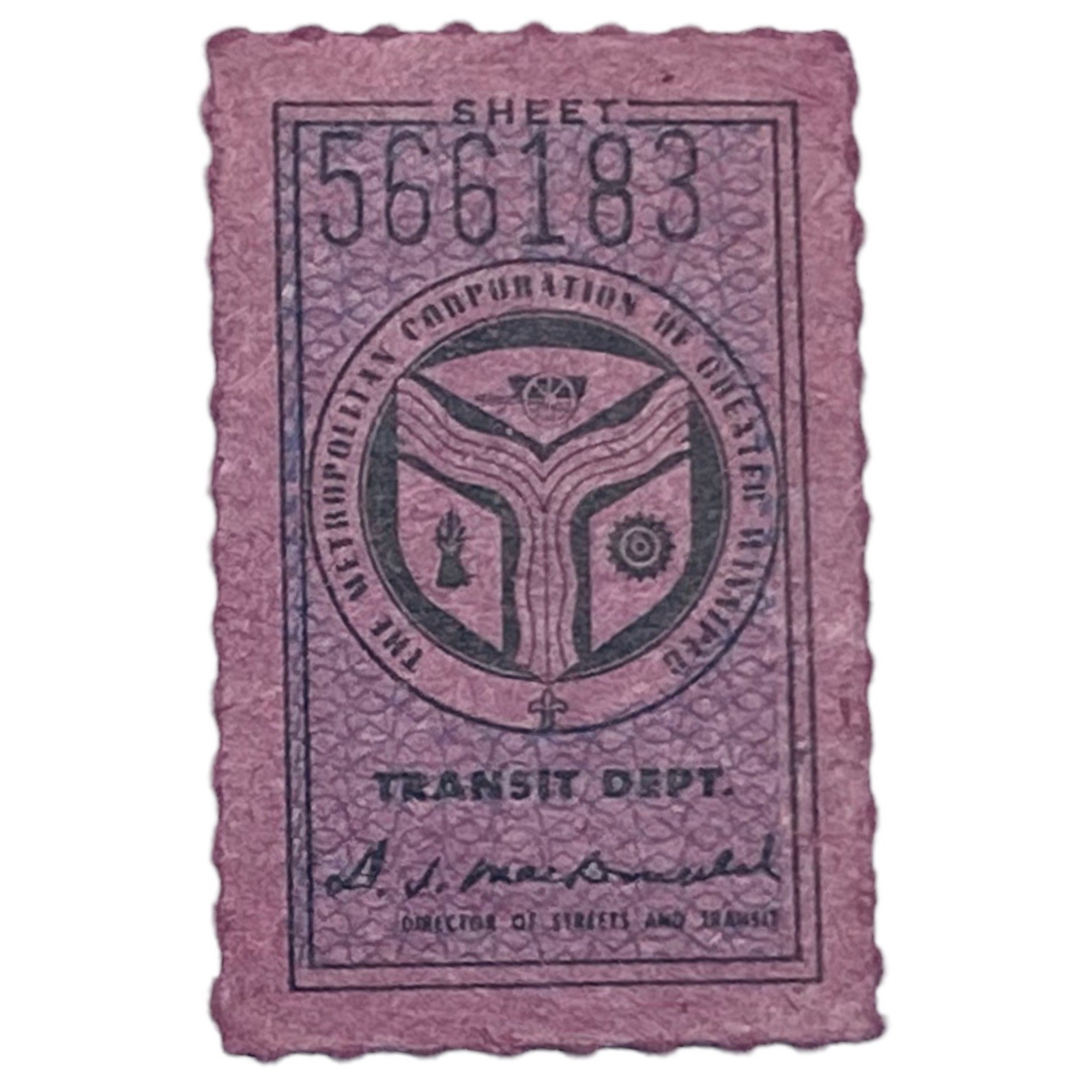 Metropolitan Corporation Of Greater Winnipeg Transit Ticket Metropolitan Corporation Of Greater Winnipeg Transit Ticket