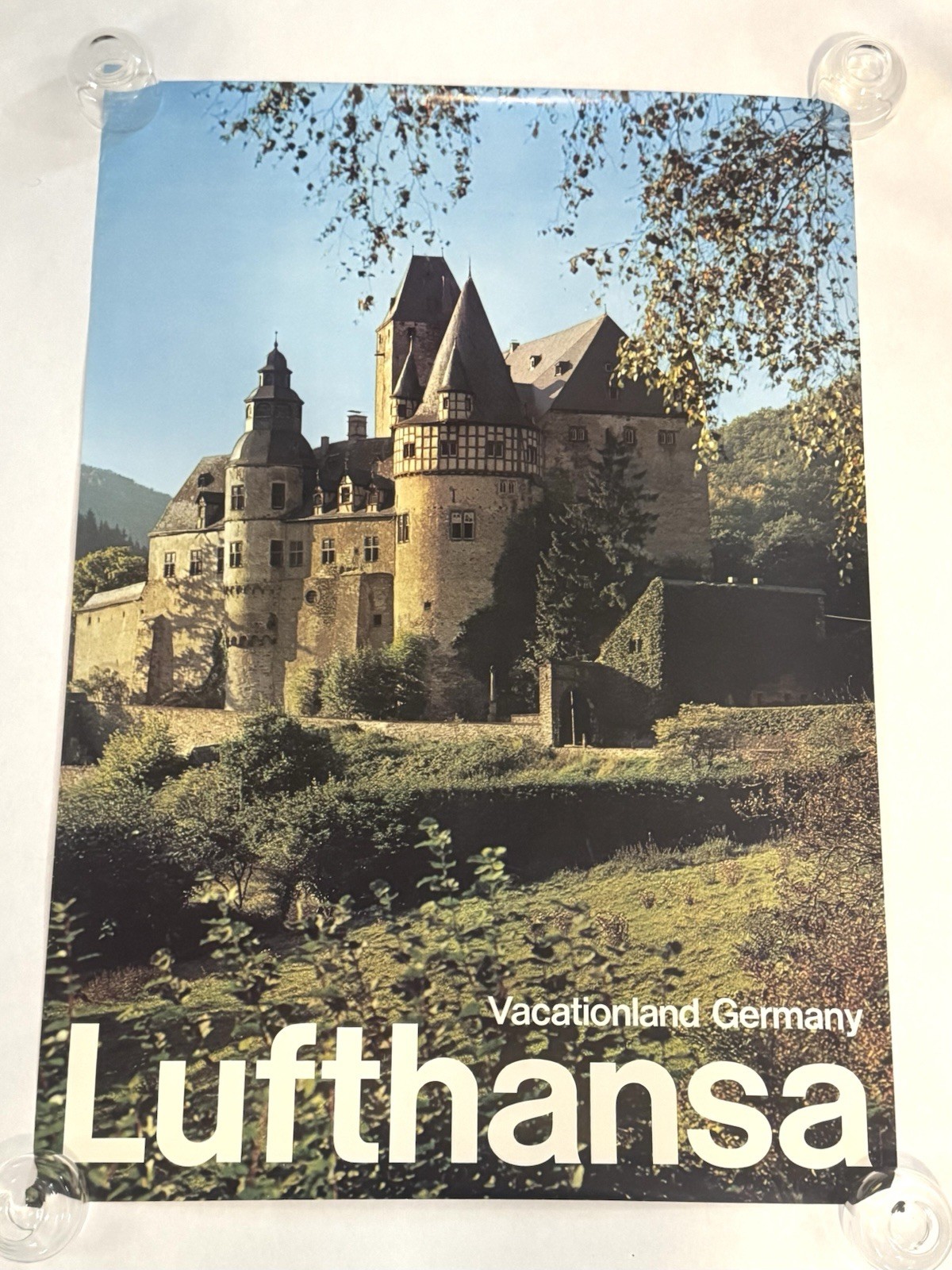 Vintage Lufthansa Airlines Vacationland Germany Travel Poster Buerresheim Castle Vintage Lufthansa Airlines Vacationland Germany Travel Poster Buerresheim Castle