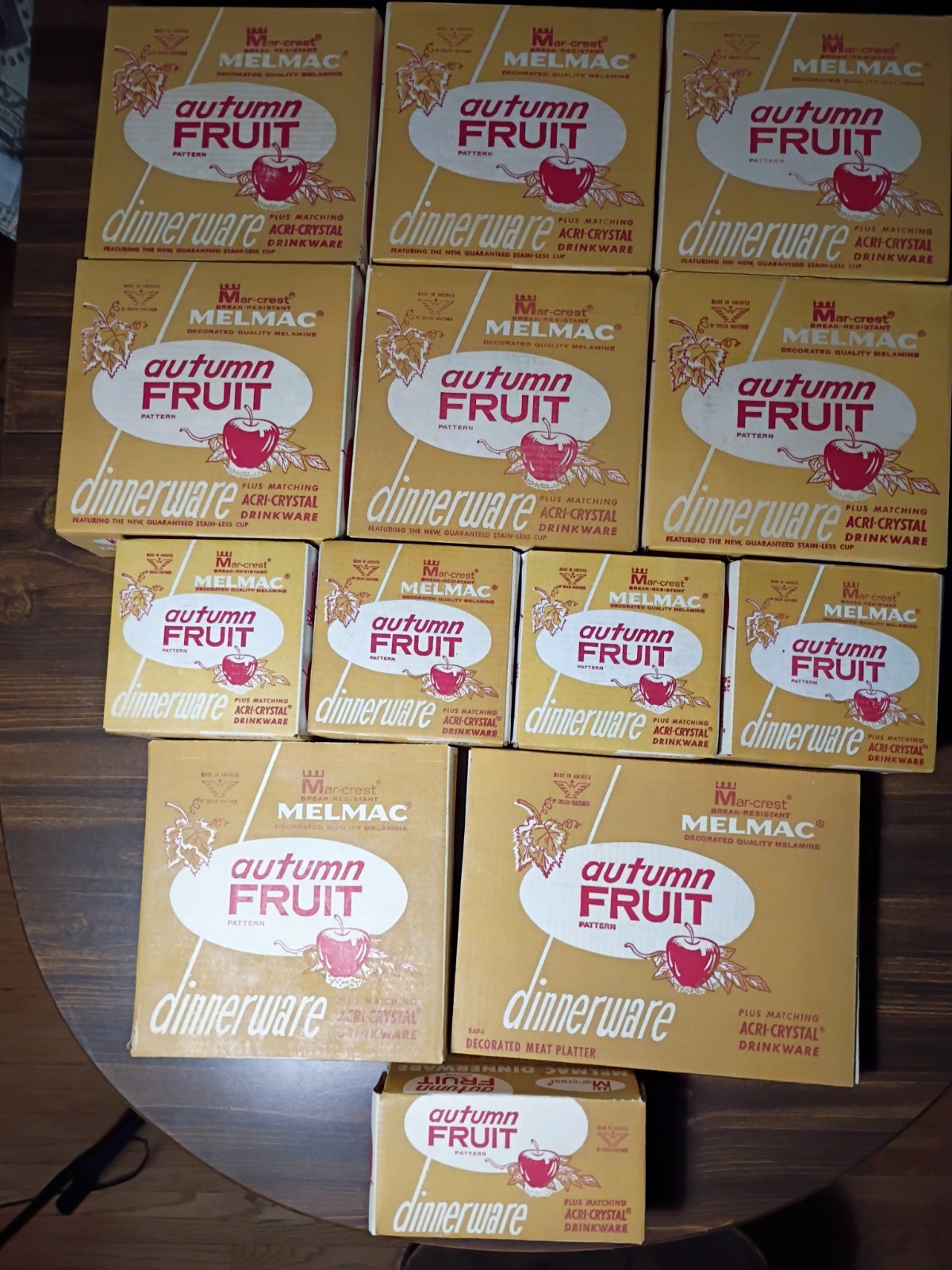 Large Lot Of Vintage Mar-crest Melmac Autumn Fruit Dinner In Unopened Boxes Large Lot Of Vintage Mar-crest Melmac Autumn Fruit Dinner In Unopened Boxes