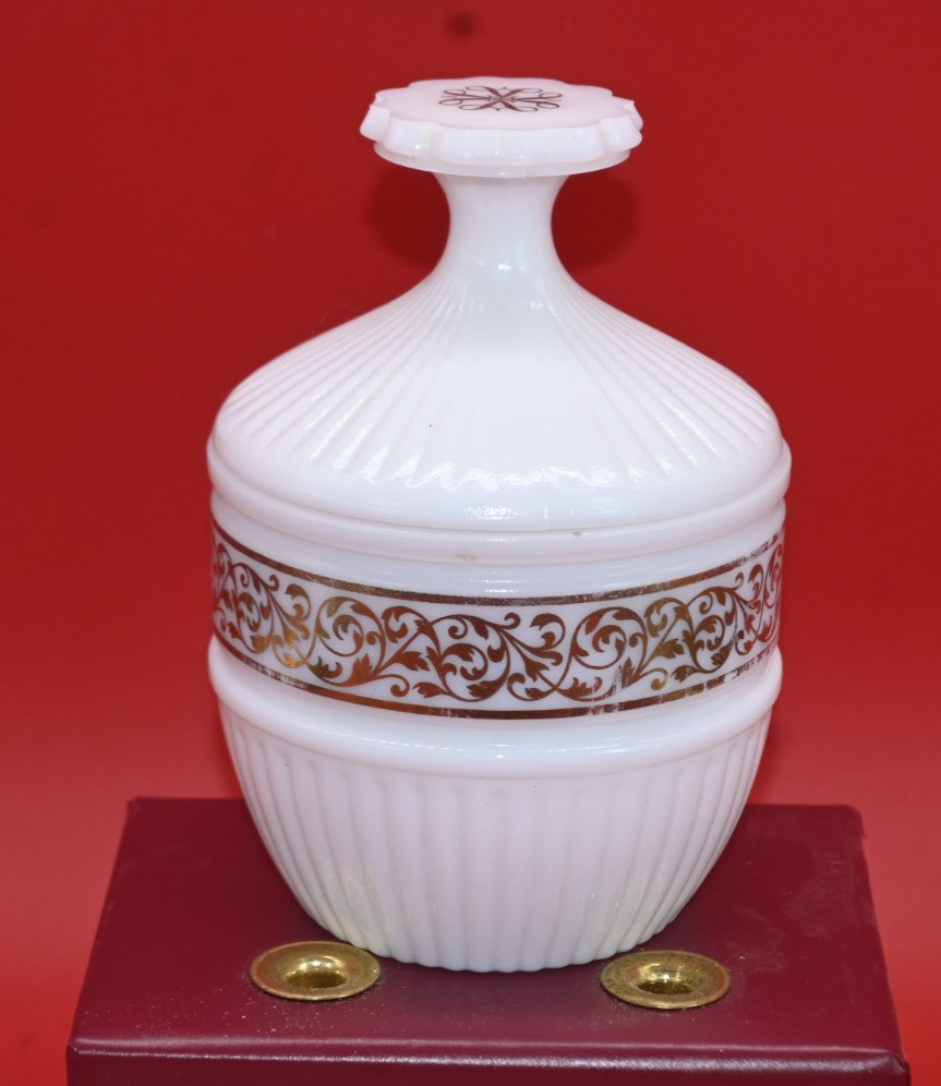 Avon Jar Powder Dish White Milk Glass Lidded Gold Filigree Vintage 1970s