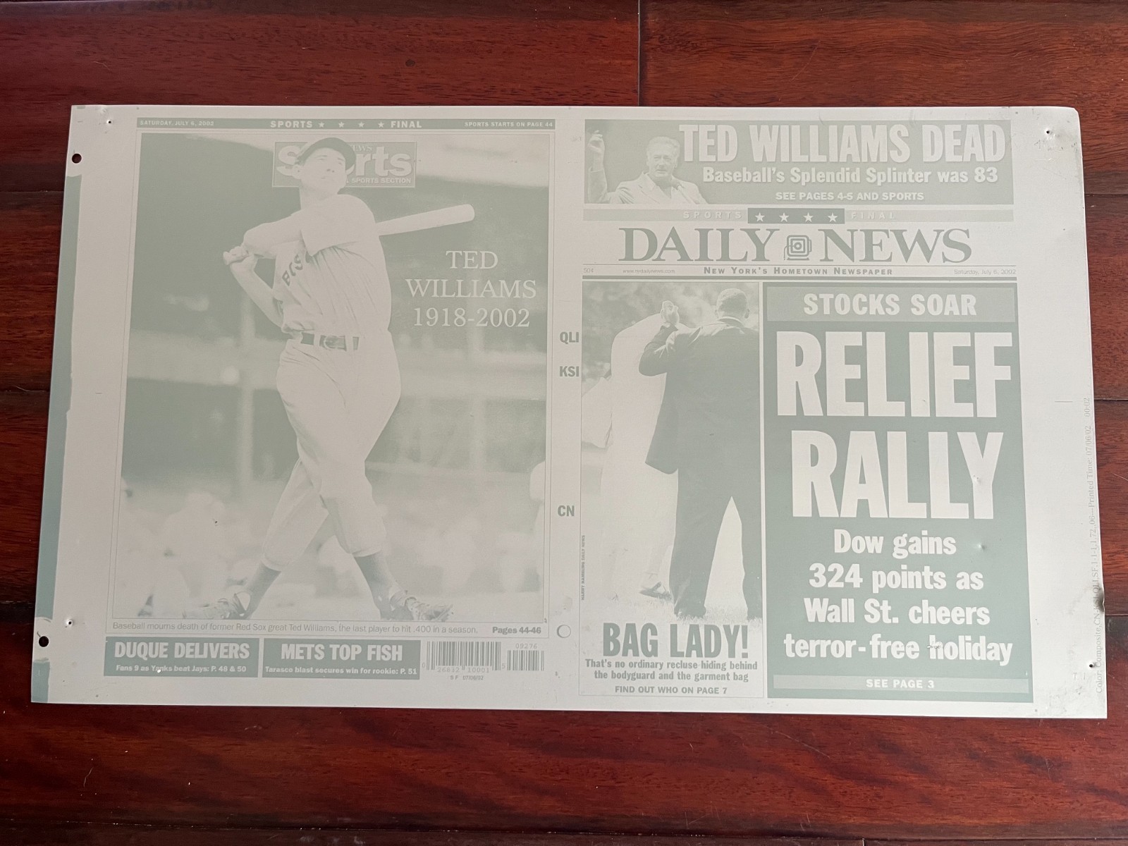 HISTORIC BOSTON RED SOX TED WILLIAMS DEAD NEWSPAPER PRINTING PLATE - DAILY NEWS HISTORIC BOSTON RED SOX TED WILLIAMS DEAD NEWSPAPER PRINTING PLATE - DAILY NEWS