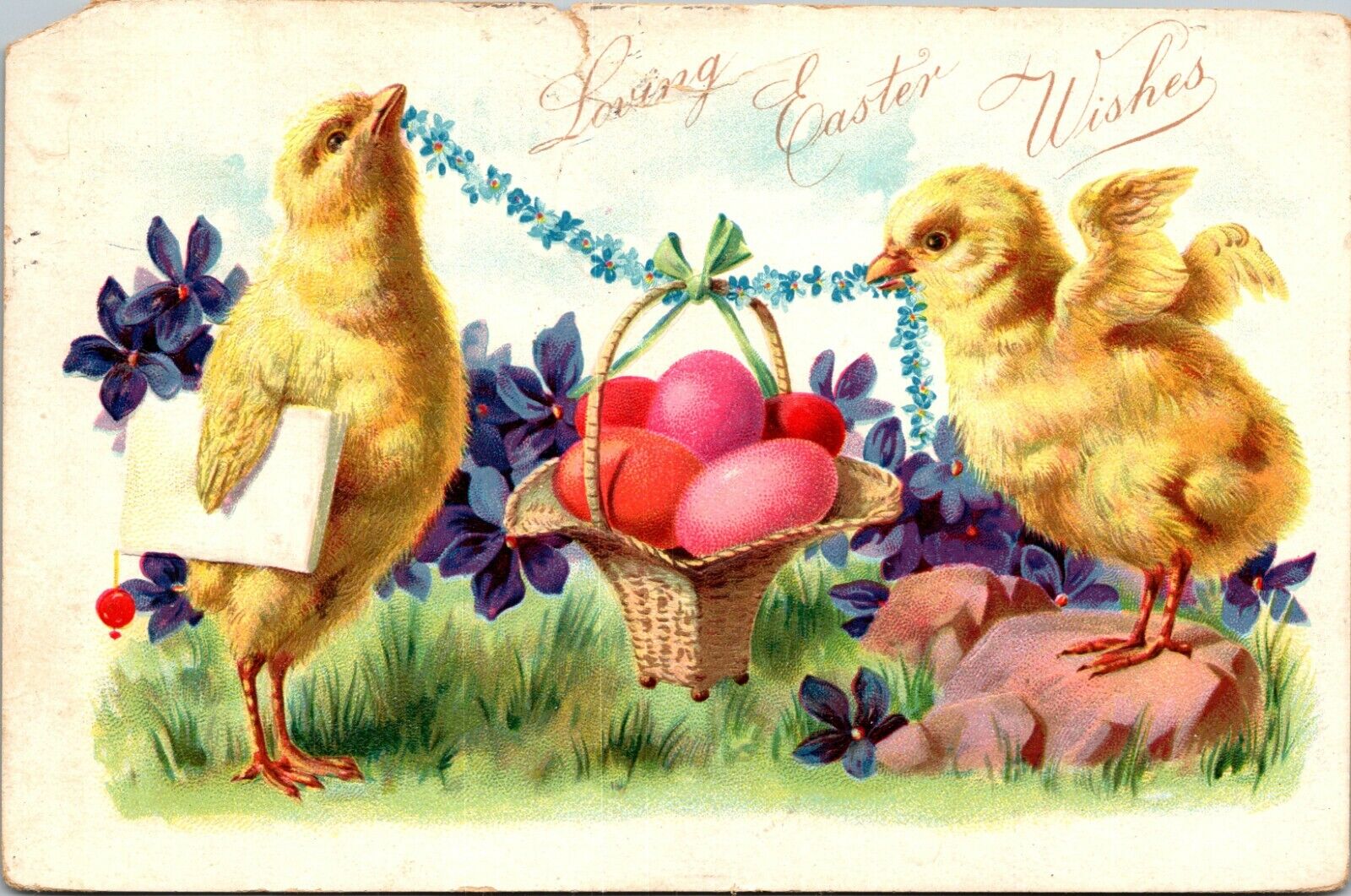 Antique EASTER Postcard  TWO CHICKS  BASKET w/COLORED EGGS  GREEN RIBBON   1907