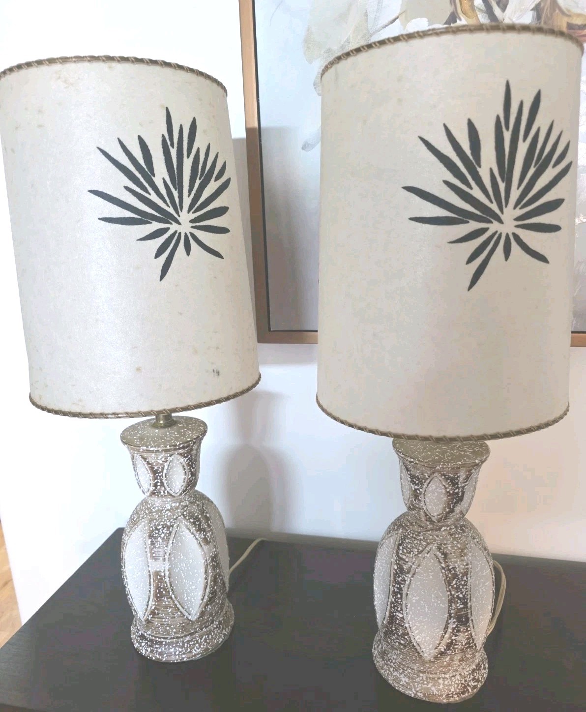 Pair MCM Vtg Quartite Chalkware Table Lamps & Shades Spatter Atomic MCM 20.5 Pair MCM Vtg Quartite Chalkware Table Lamps & Shades Spatter Atomic MCM 20.5
