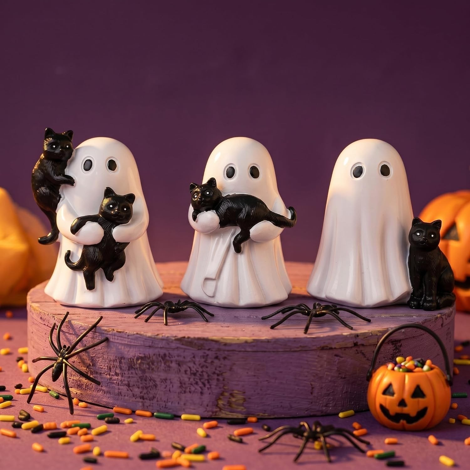 3Pc Halloween Ghost Figurines Black Cat Ornaments Ghost Black Cat Resin Statue