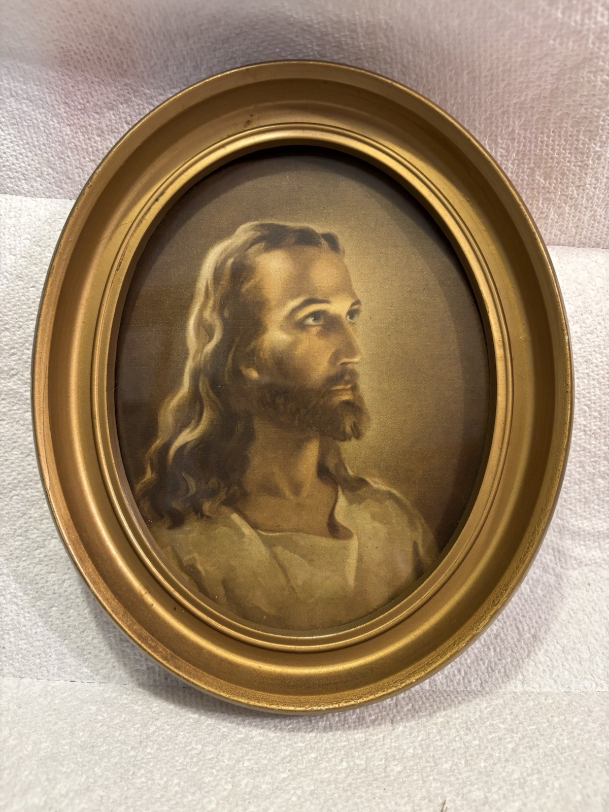 Vintage Oval Gold Tone Framed Jesus Portrait Print Under Glass, Approx. 8.5”x 7”