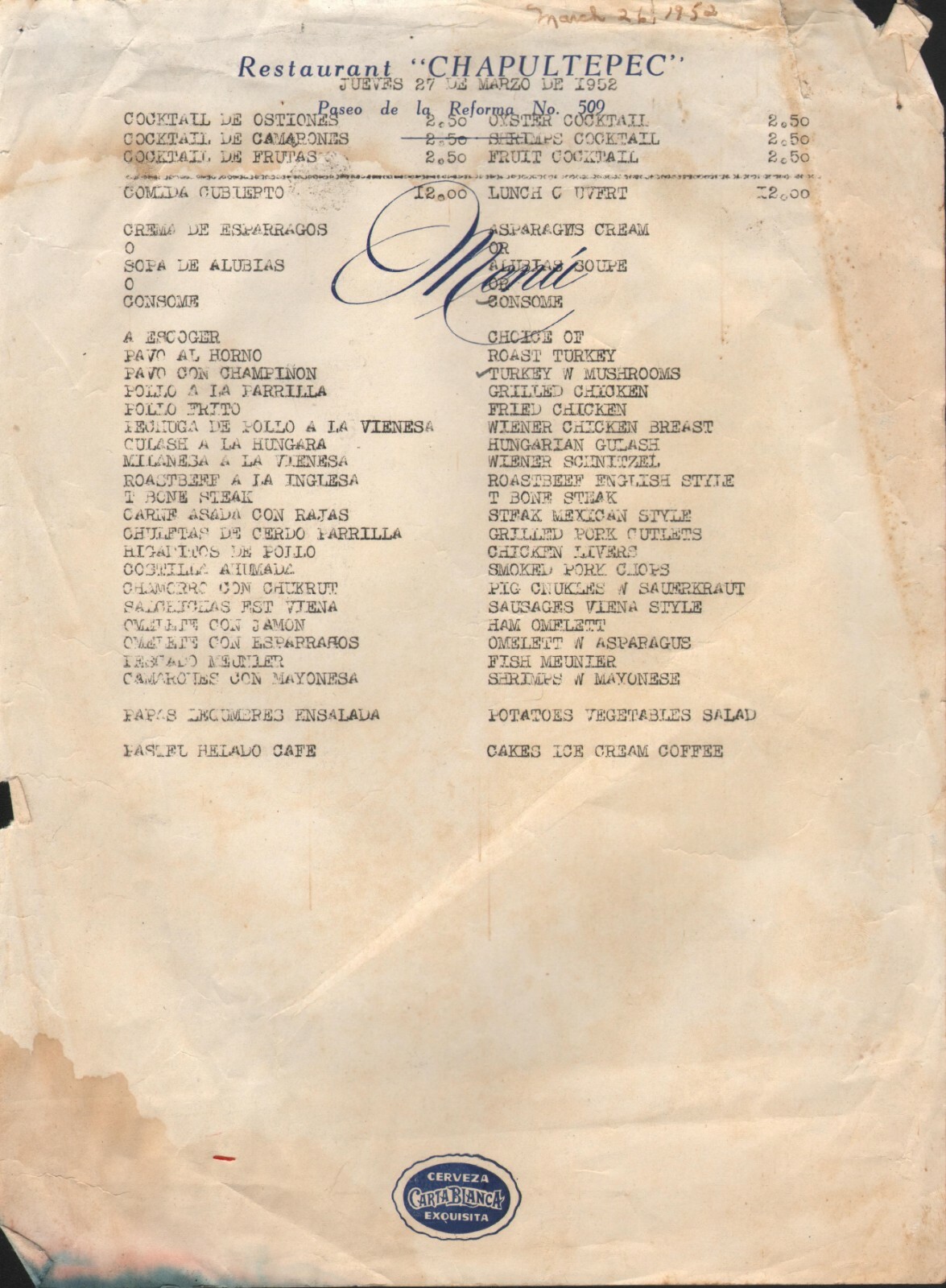 Vintage CHAPULTEPEC Restaurant Menu Carta Blanca Cerveza 1952 Vintage CHAPULTEPEC Restaurant Menu Carta Blanca Cerveza 1952
