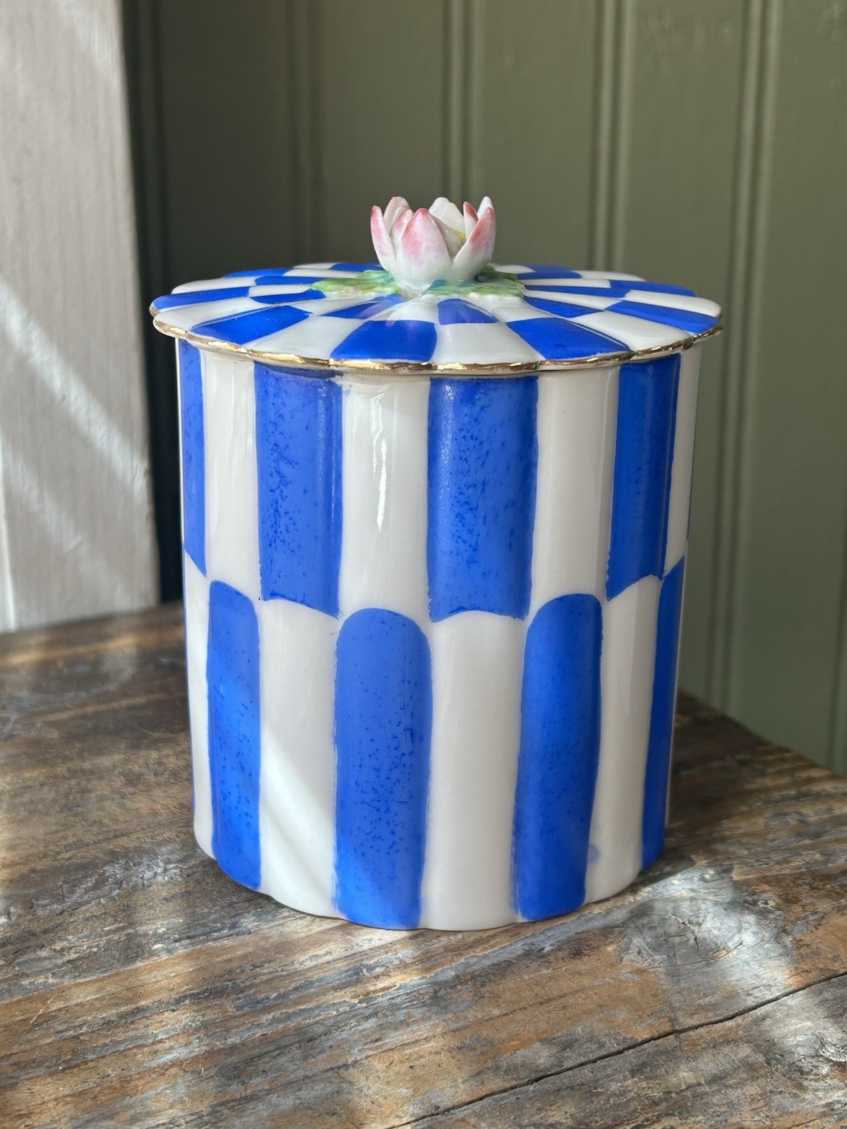 Vintage Gold China Occupied Japan Striped Porcelain Canister Pink Lily Lid Vintage Gold China Occupied Japan Striped Porcelain Canister Pink Lily Lid