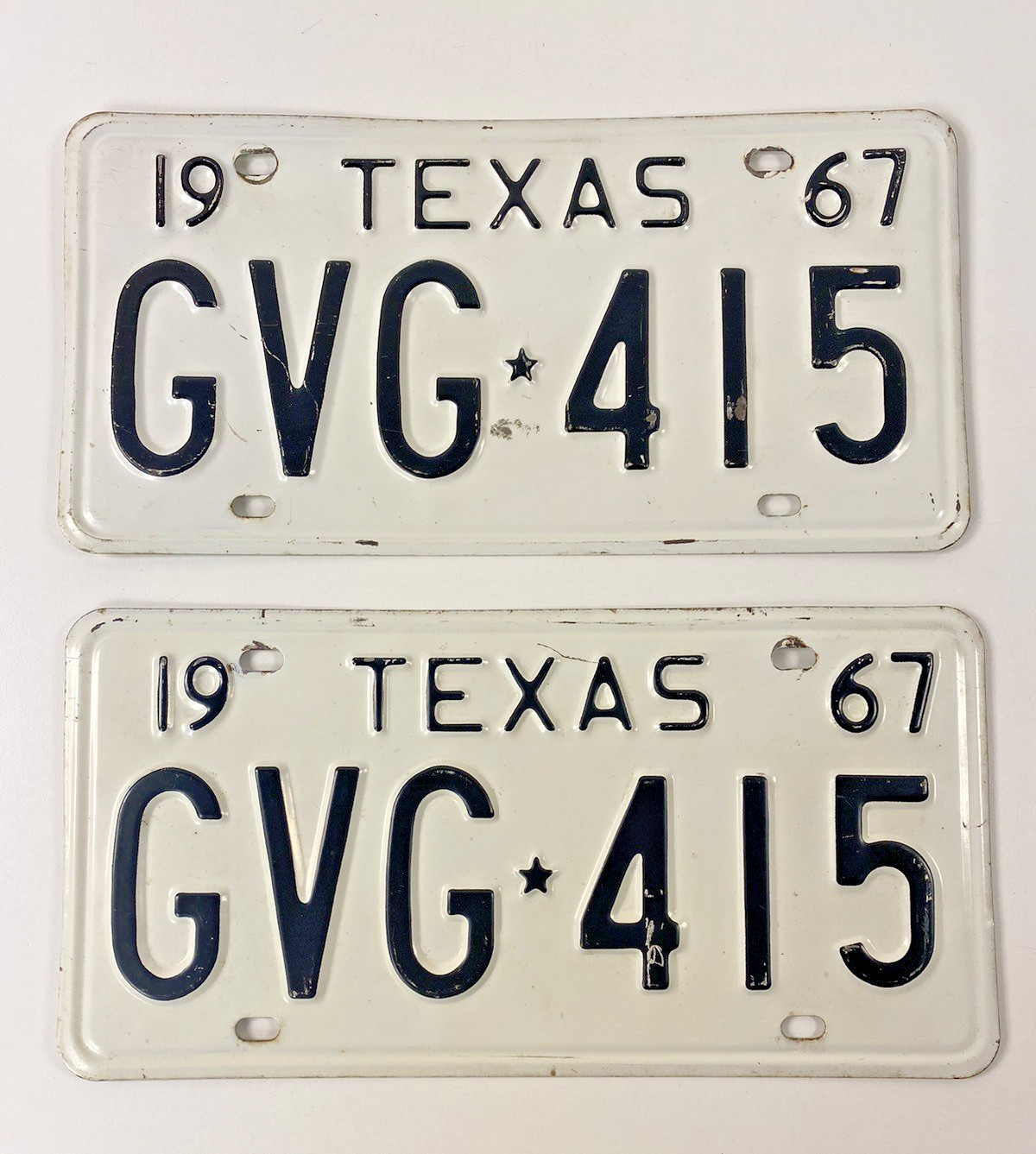 Vintage 1967 Texas License Plate Set AUTO GVG 415 TX DOT DMV Clear OK Star Vintage 1967 Texas License Plate Set AUTO GVG 415 TX DOT DMV Clear OK Star